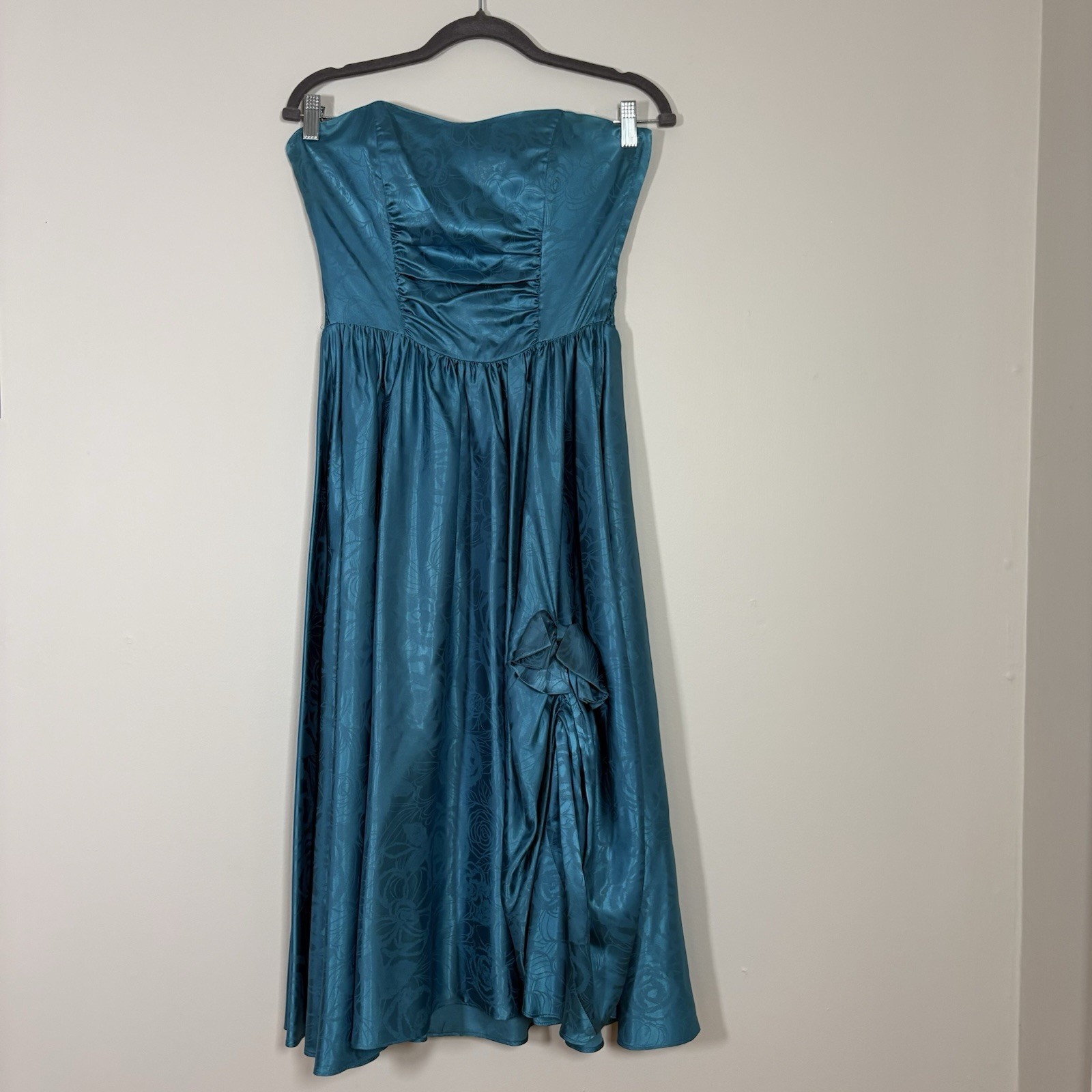 VTG 80s Studio E Teal Floral Brocade Prom Party Dress Strapless Ruched Maxi L