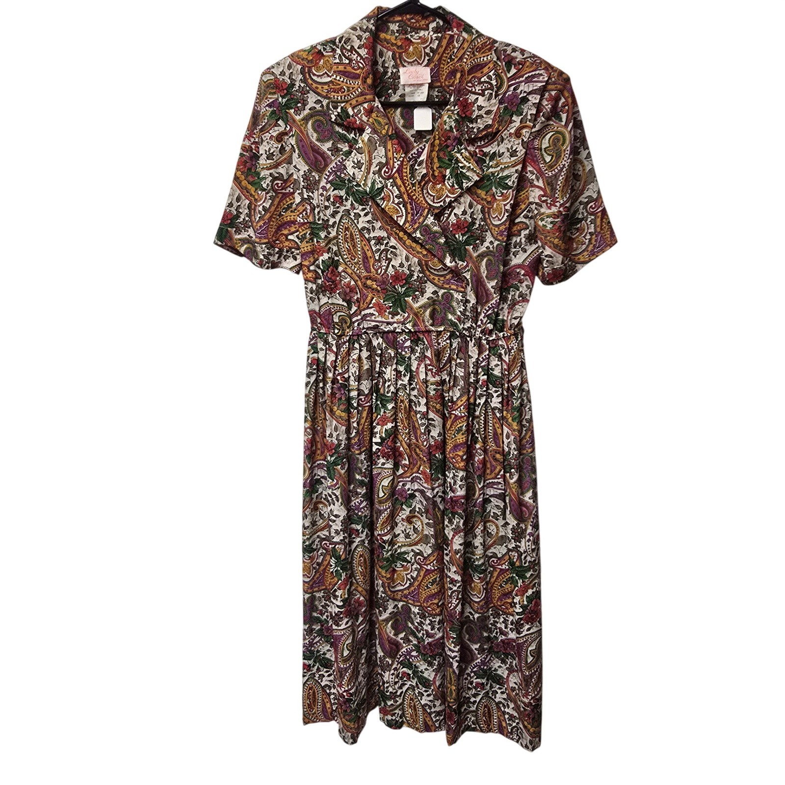 Vintage Lady Carol of New York Paisley Midi Dress Size 12 Short Sleeve 80s USA