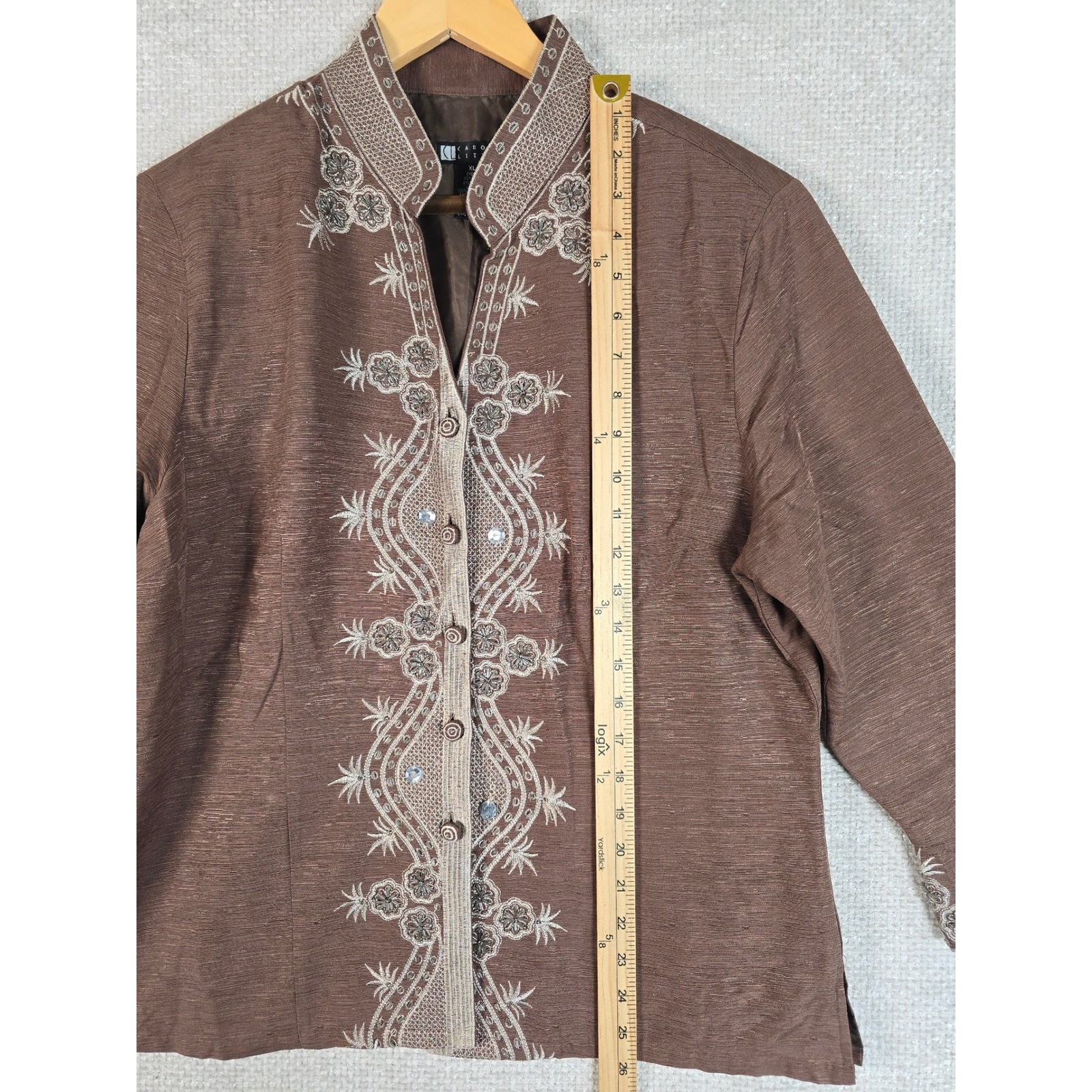 VTG Carole Little Silk Jacket XL Brown Beaded Embroidered Boho Art to Wear Lined