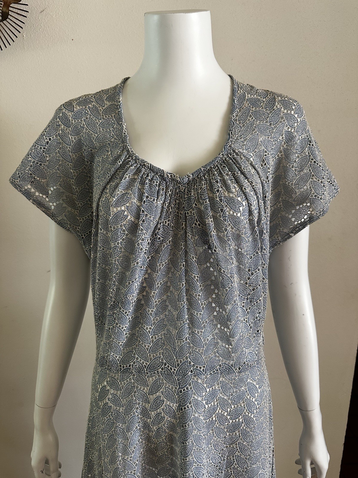 1940s Embroidered Rayon Crepe Cutwork Hostess Lounge Dress Blue Maxi L XL