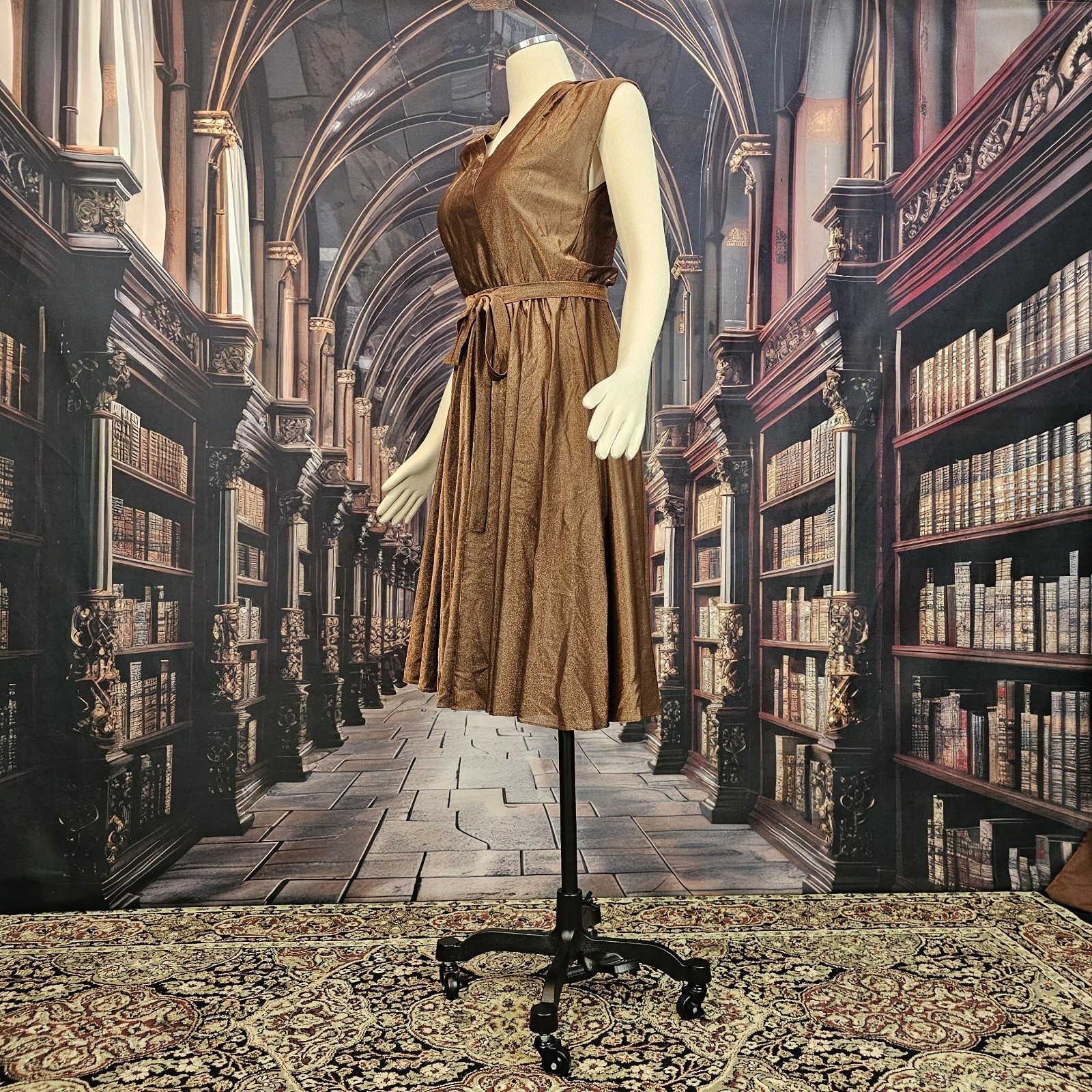Vintage 1970s Dress Copper Brown V-neckline Cap Sleeve Tie Waist Circle Skirt