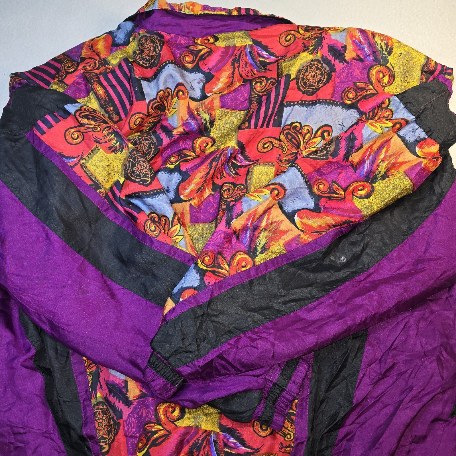 Vtg 90s Silk Bomber Jacket Abstract Geometric Distressed Thrashed Eclectic