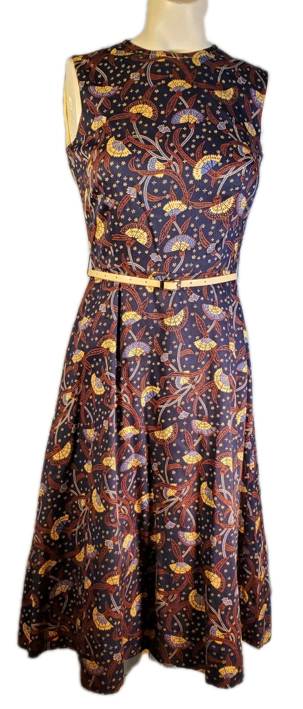 VTG 70&rsquo;s original sleeveless midi cotton oriental fan botanical print Sz 4-6