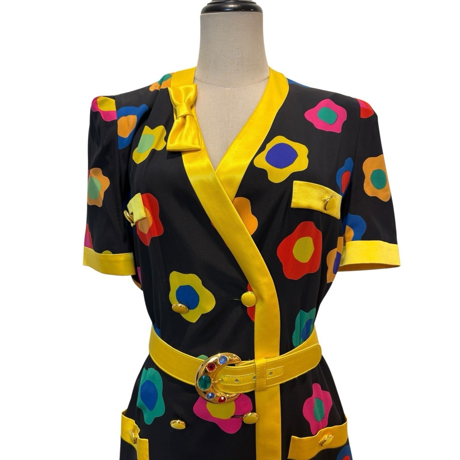 VTG Escada Margaretha Ley Silk Novelty Print Dress Jewel Belt Sz 40 Pop Art Mod