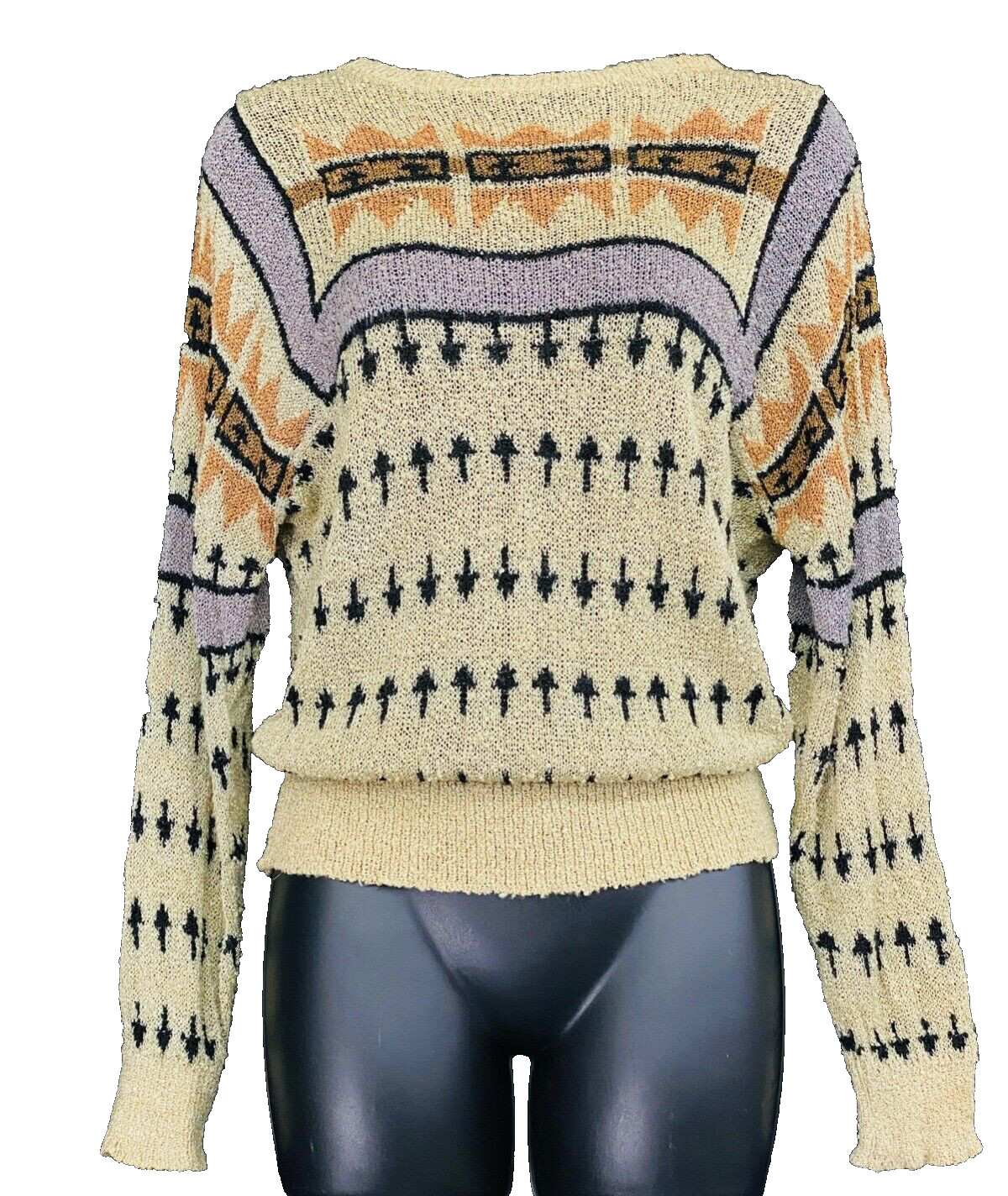 Vintage 1970s French Rags patterned sweater, ivory purple orange arrows knit top