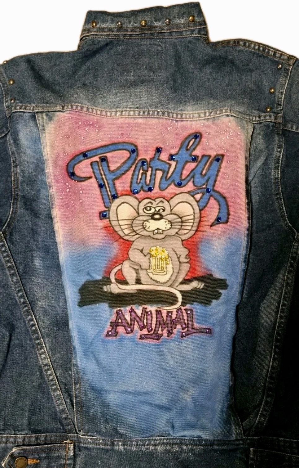Vtg Denim Trucker Jacket Hand Painted PARTY ANIMAL Rat Studded ANZANI Sz S RARE!