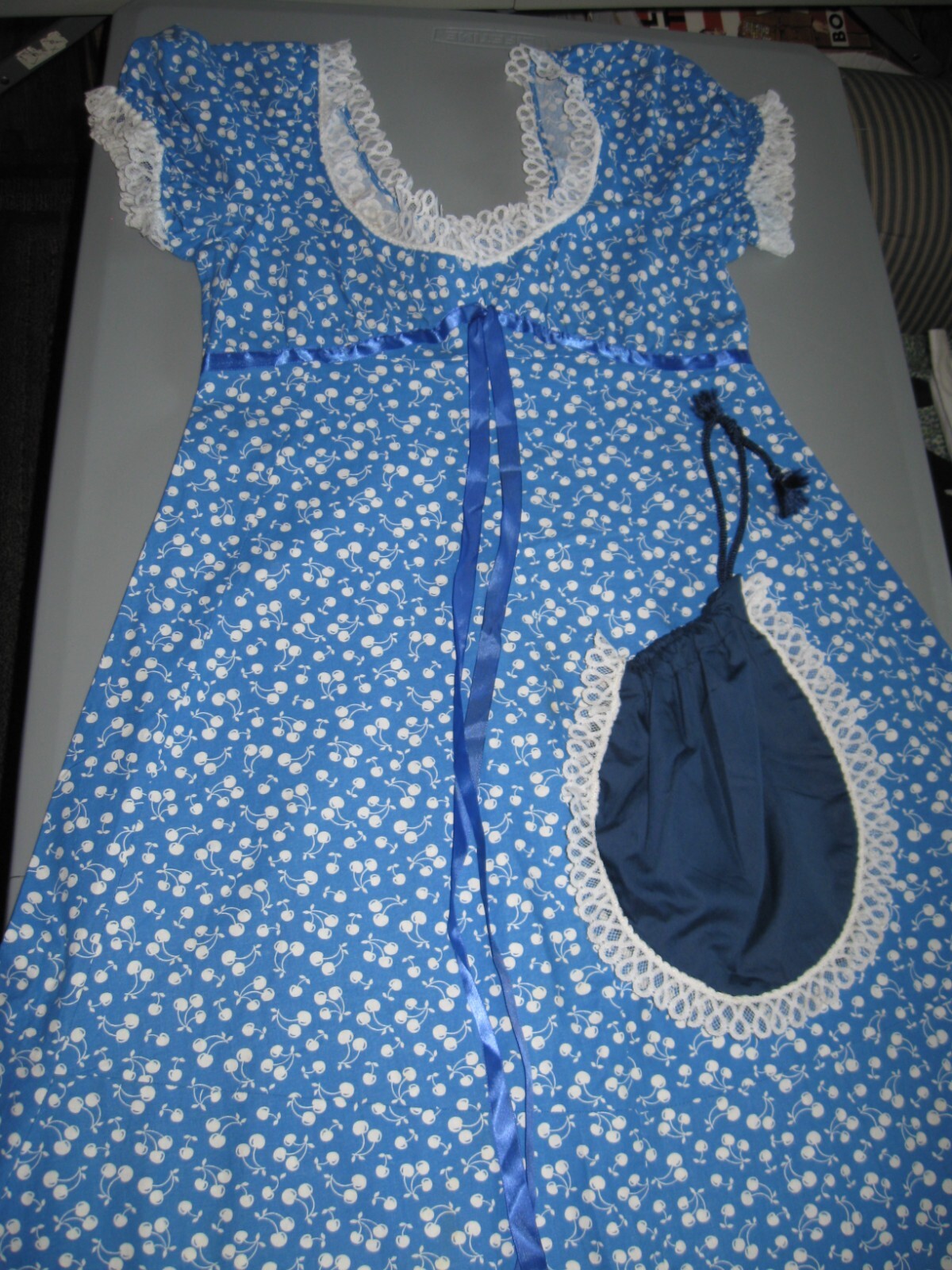 Vintage handmade long Maxi Prairie Dress Cherry Pattern w/Bag Cottage Core Farm