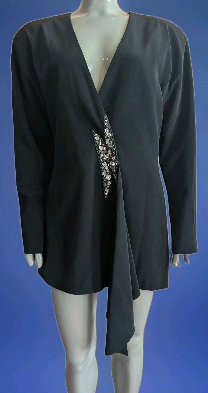 Vintage 80s D&rsquo;ore Black Draped Jacket w/Rhinestone Accent Draped Fold 16