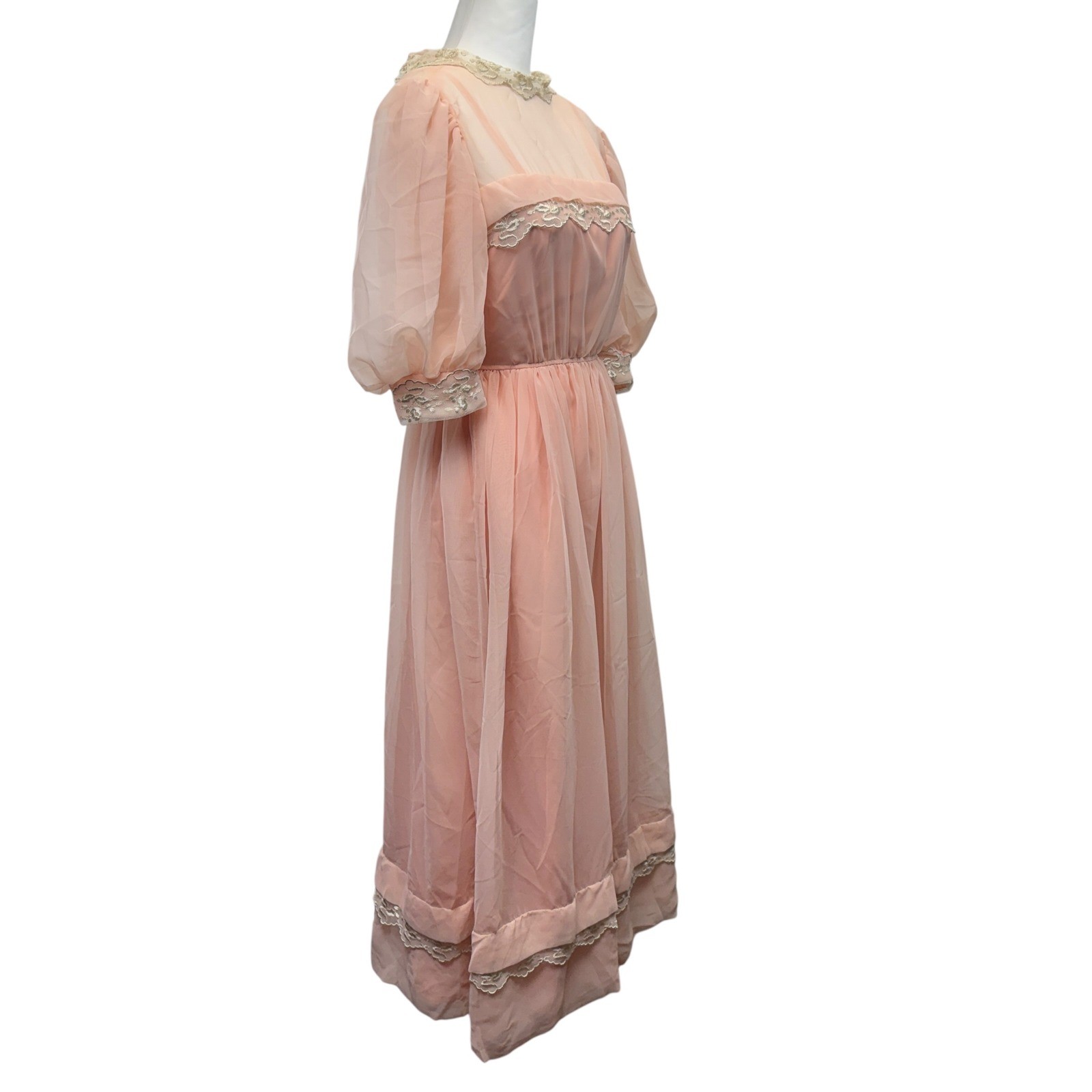 Vintage Peach Chiffon Lace Midi Dress Size XS Puff Sleeve Regency Core Pink Gown
