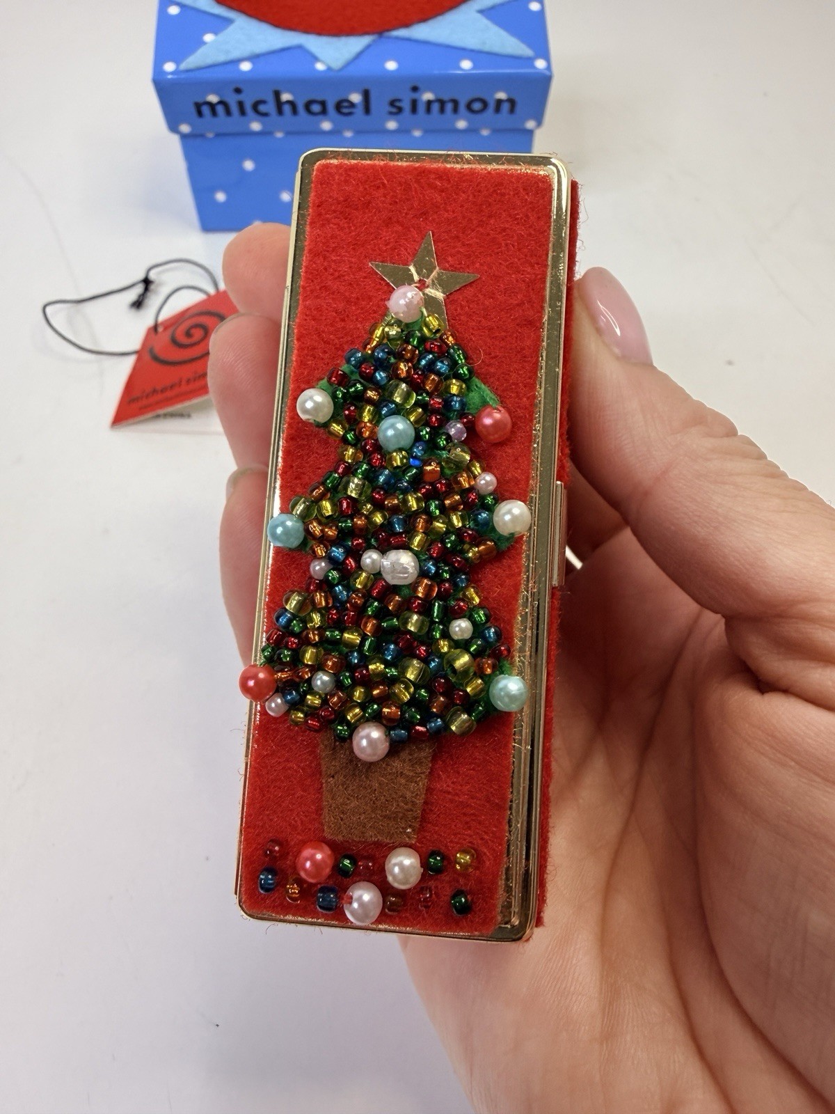 RARE Michael Simon Christmas Lipstick Case Ugly Sweater Style Beaded Sequins