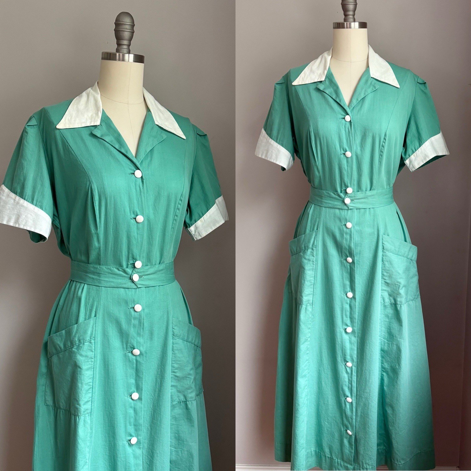 Vintage 1940s WWII Guild Jadeite Green & White Nurse Housekeeper Uniform Dress L