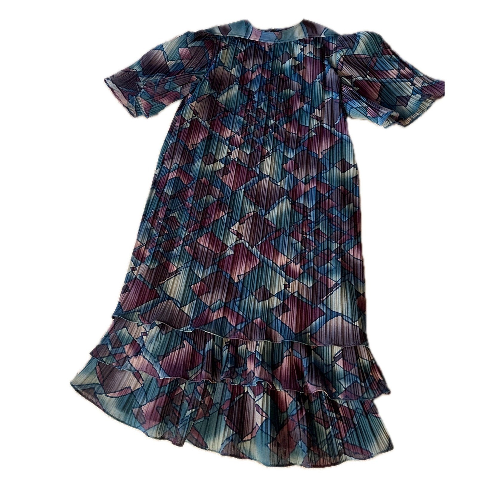80s Vintage Pleated Geometric Ruffle Art Deco Midi Dress Purple Blue Sz 8P