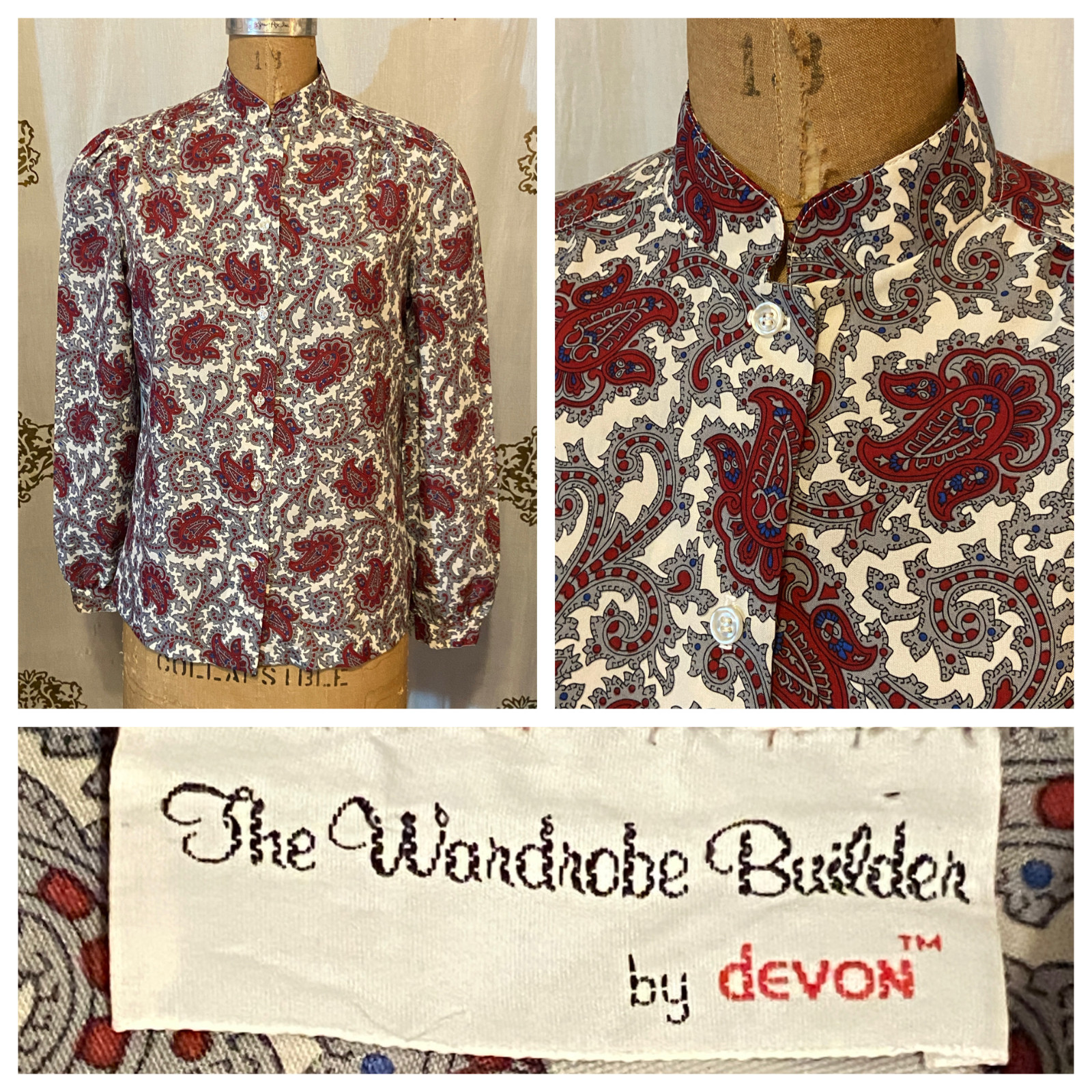 Vintage 60s 70s DEVON Gray Paisley Mod Polyester Shirt Blouse Top M Secretary