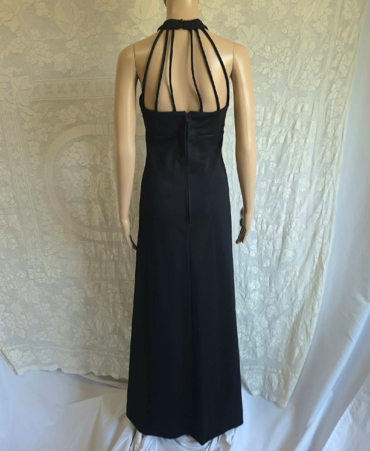 BOHO MODERN Vintage 70s LBD Halter Neck Cage Back Empire Waist MAXI DRESS – S/M