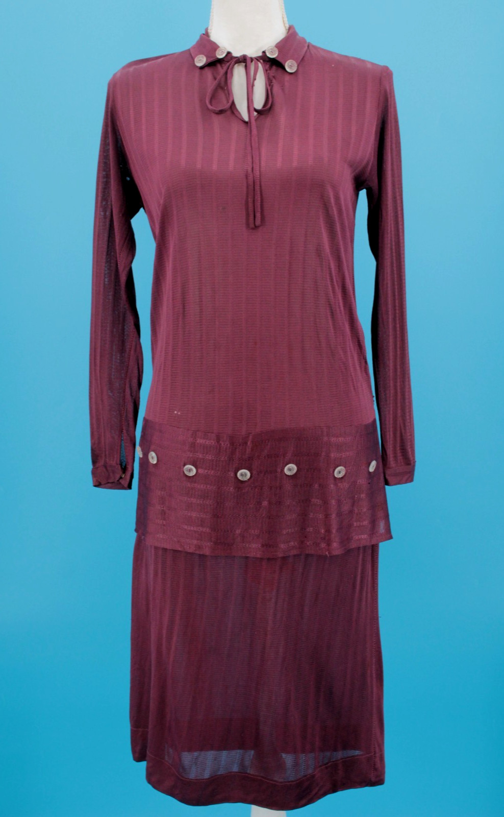 VTG Women&rsquo;s 20s Plum Drop Waist Jersey Knit Dress W/ Button Trim Sz S 1920s