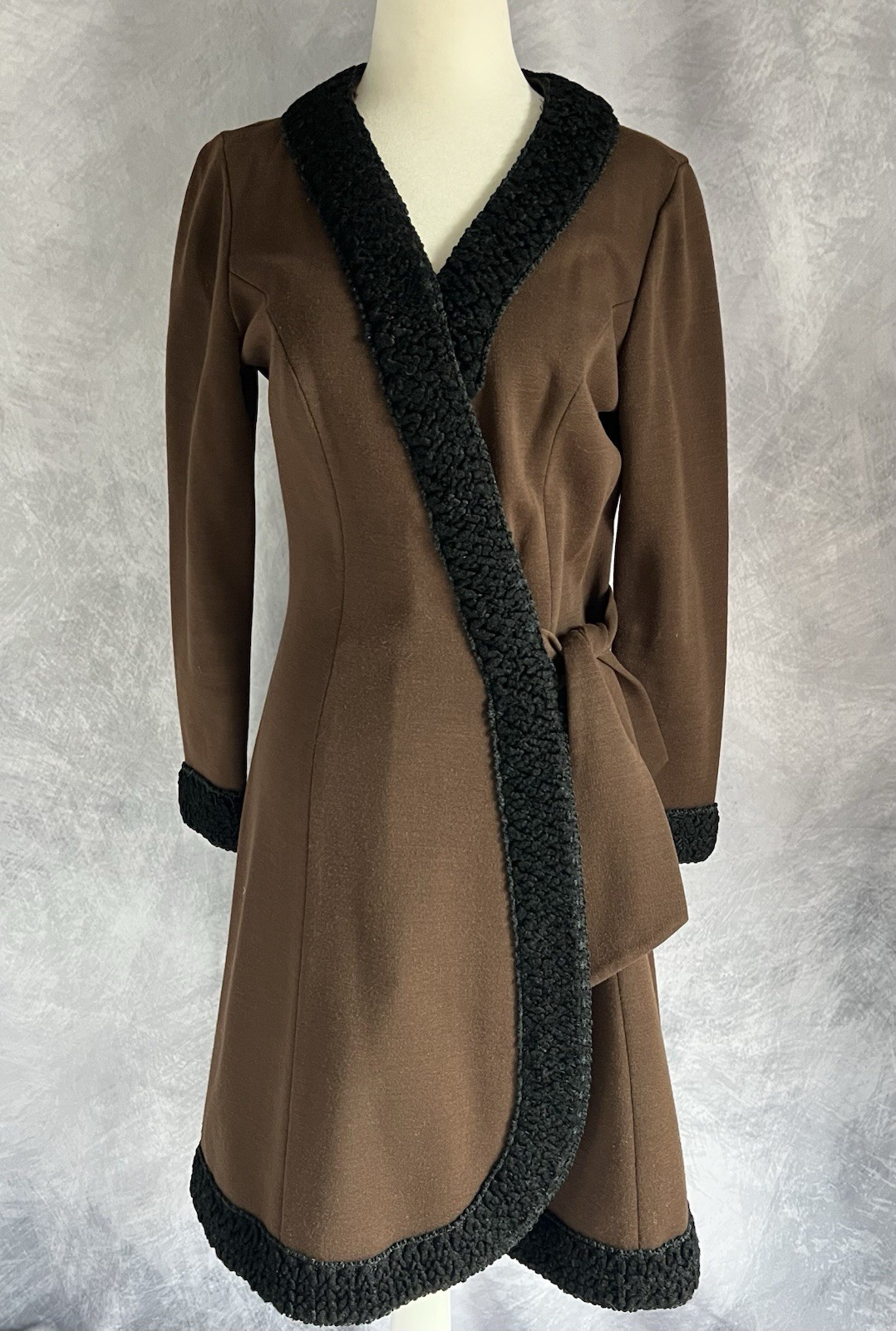 Vintage 1960s Mod Alfred Werber Brown Wool Knit Wrap Dress Textured Black Trim S