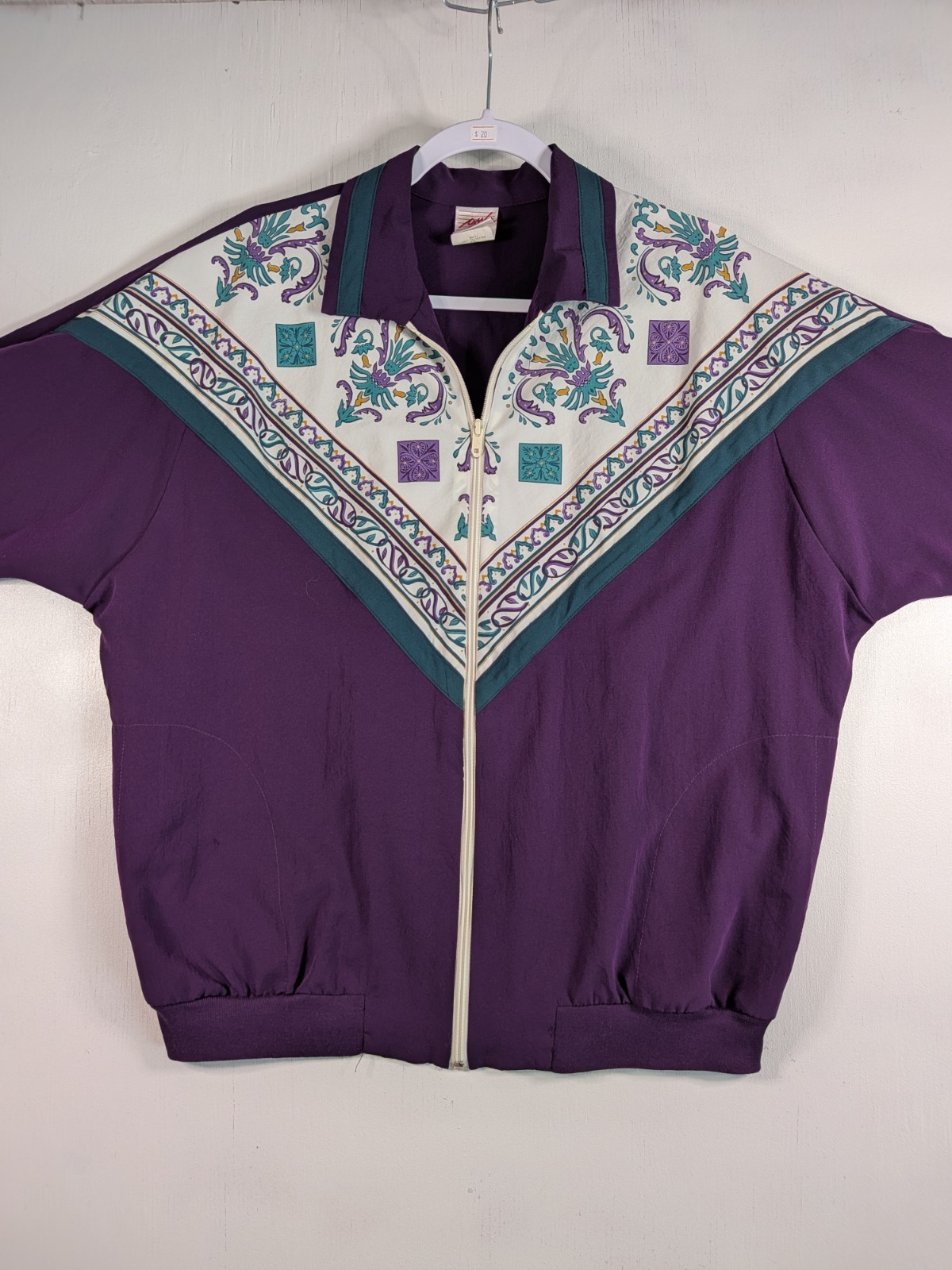 Vintage 90s Purple Baroque Scarf Print Zip Jacket Medium Teal Trim Silky