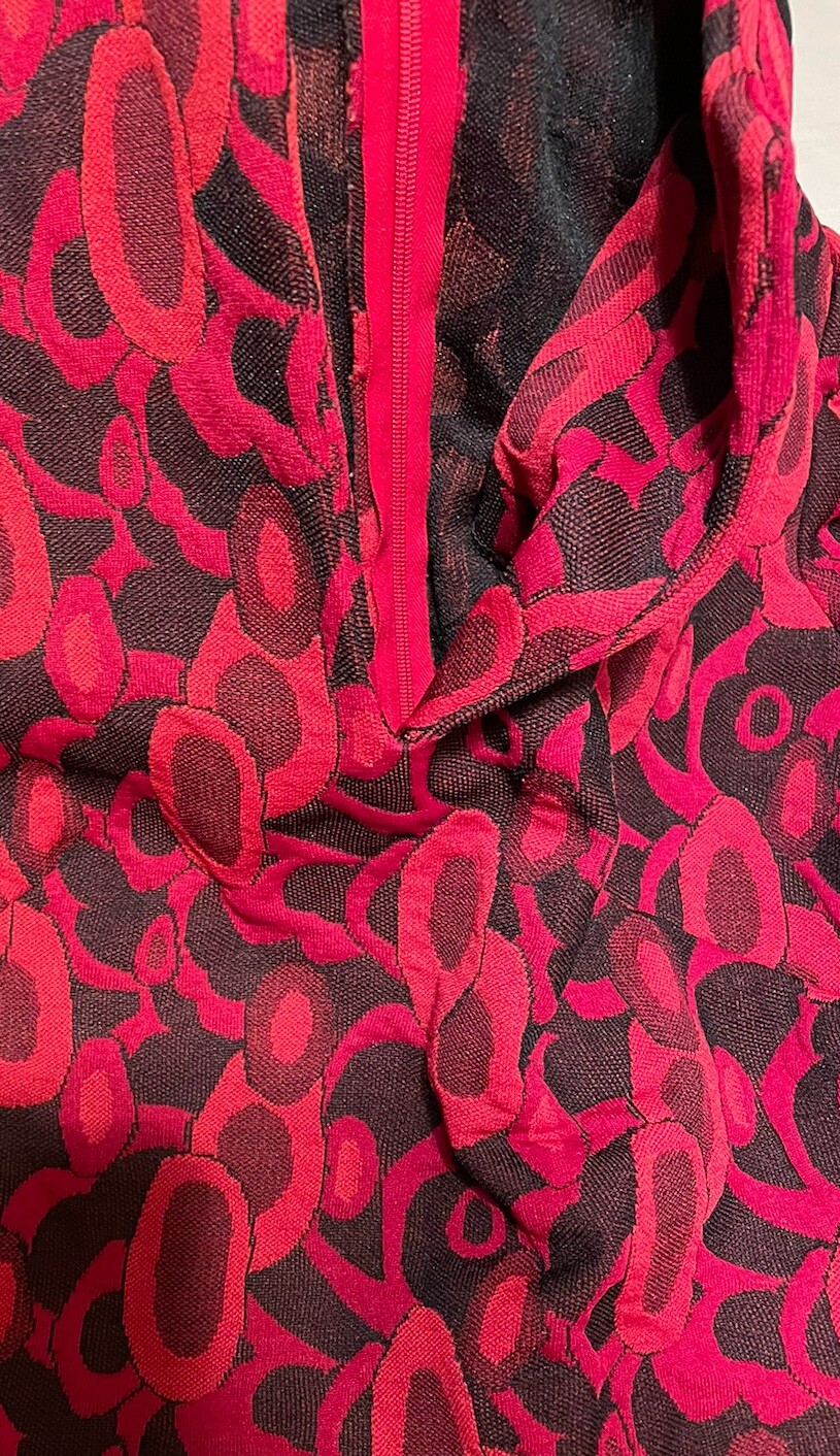 Vintage Black & Red Geometric Print Fringed Belt Blouse Top Zip Back 36” Bust