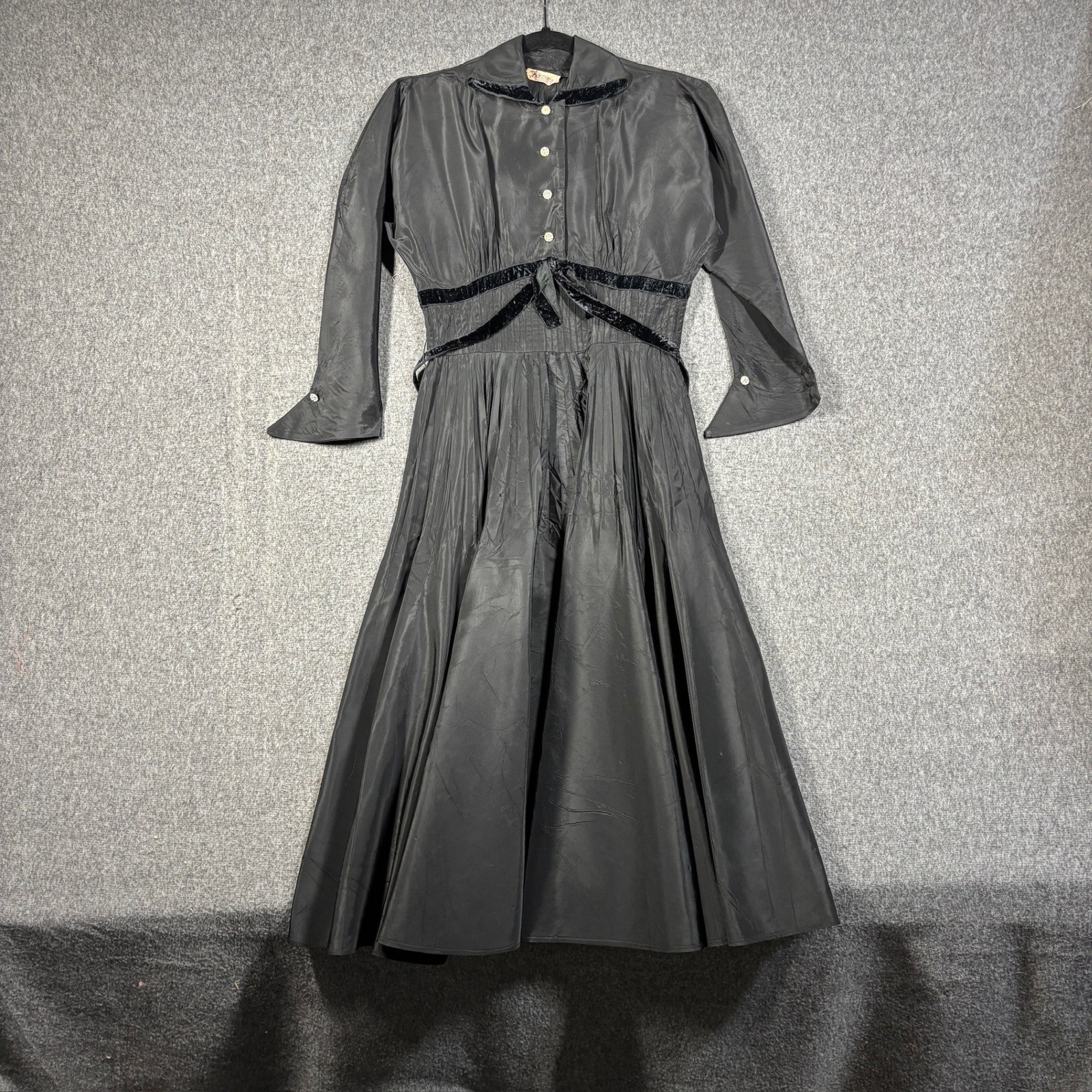 Americana Fashion Vintage Black Taffeta Velvet Trim Midi Dress Womens Small