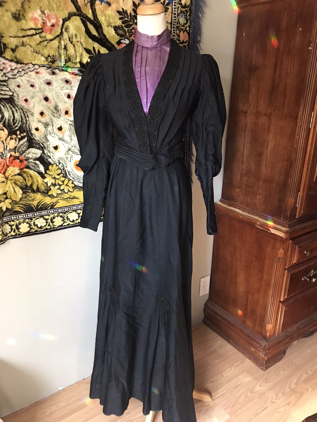 Antique 1890’s Gilded Age Black Wool and Silk Walking Dress Bodice and Skirt