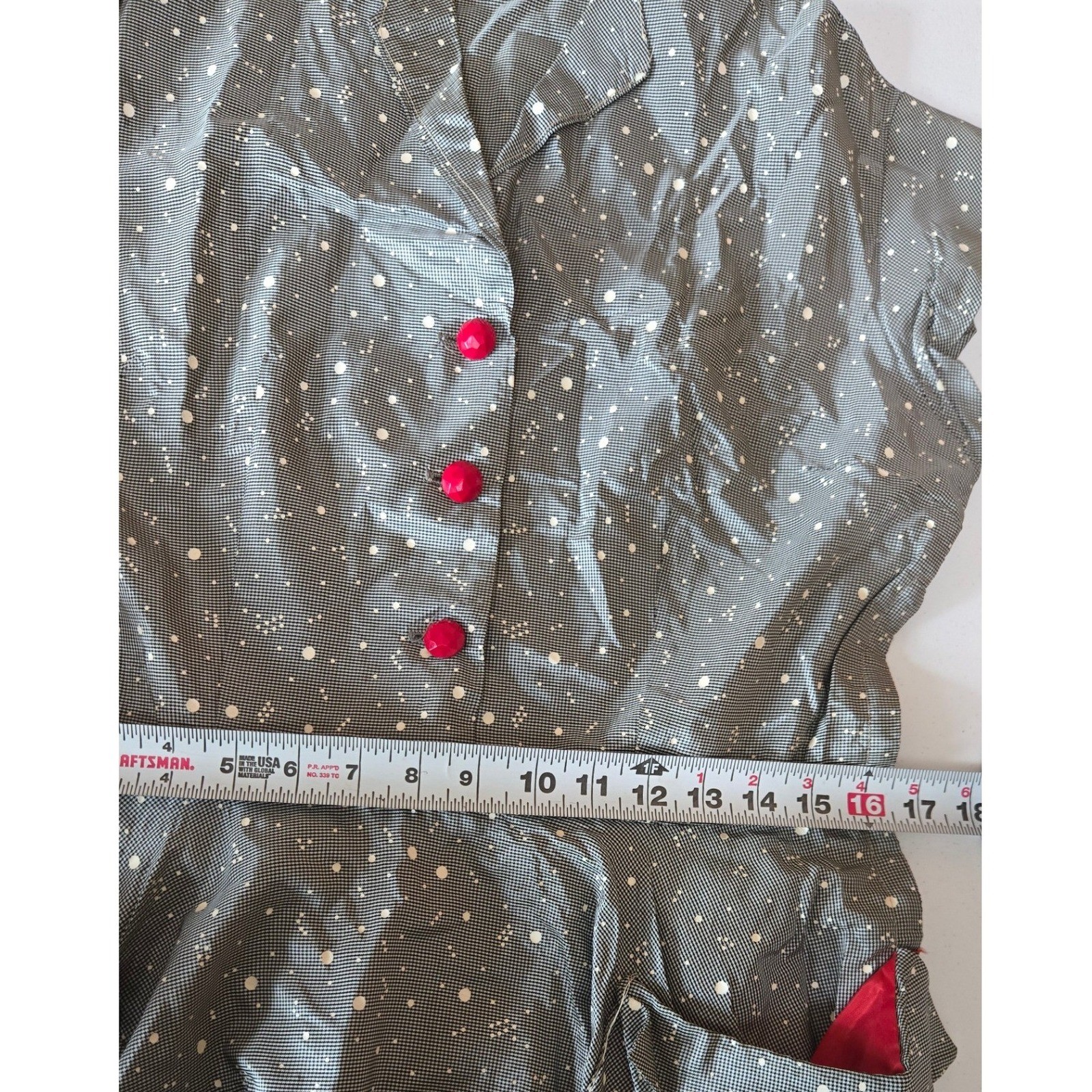 Vintage 50s Grey Atomic Splatter Dot Cotton Dress Red Lined Pockets Rockabilly