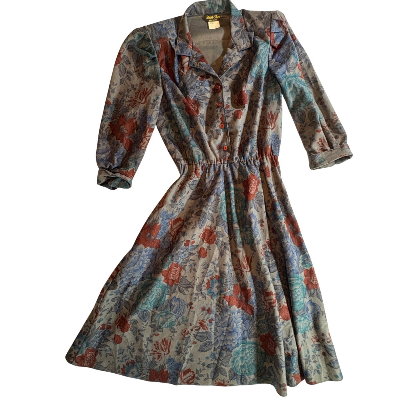 Stuart Alan Floral Midi Dress Womens 10 Blue Burgundy Vintage 80s Fit and Flare