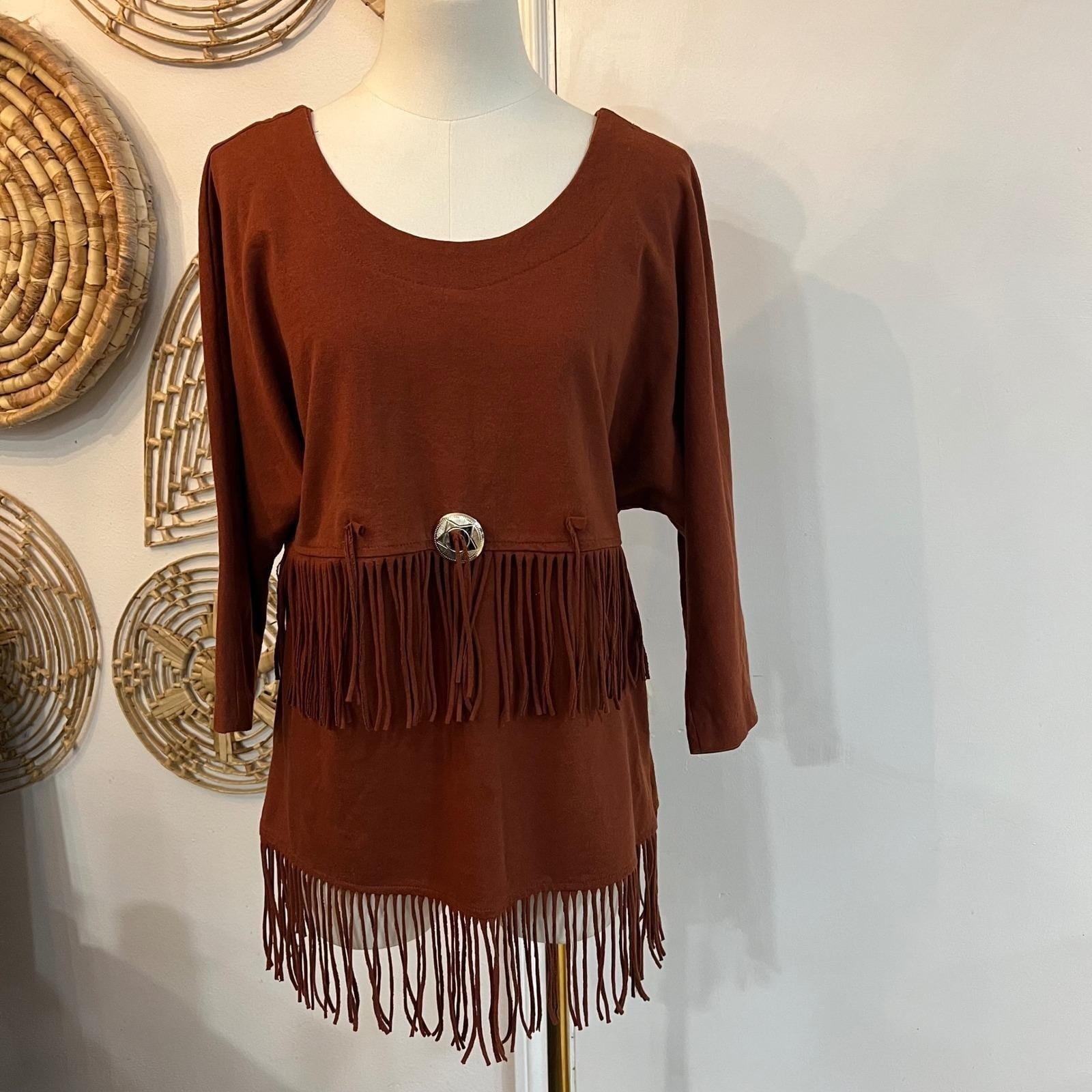 Vintage Western Fringe Tunic Top Rust Brown Boho Cowgirl Concho Size L