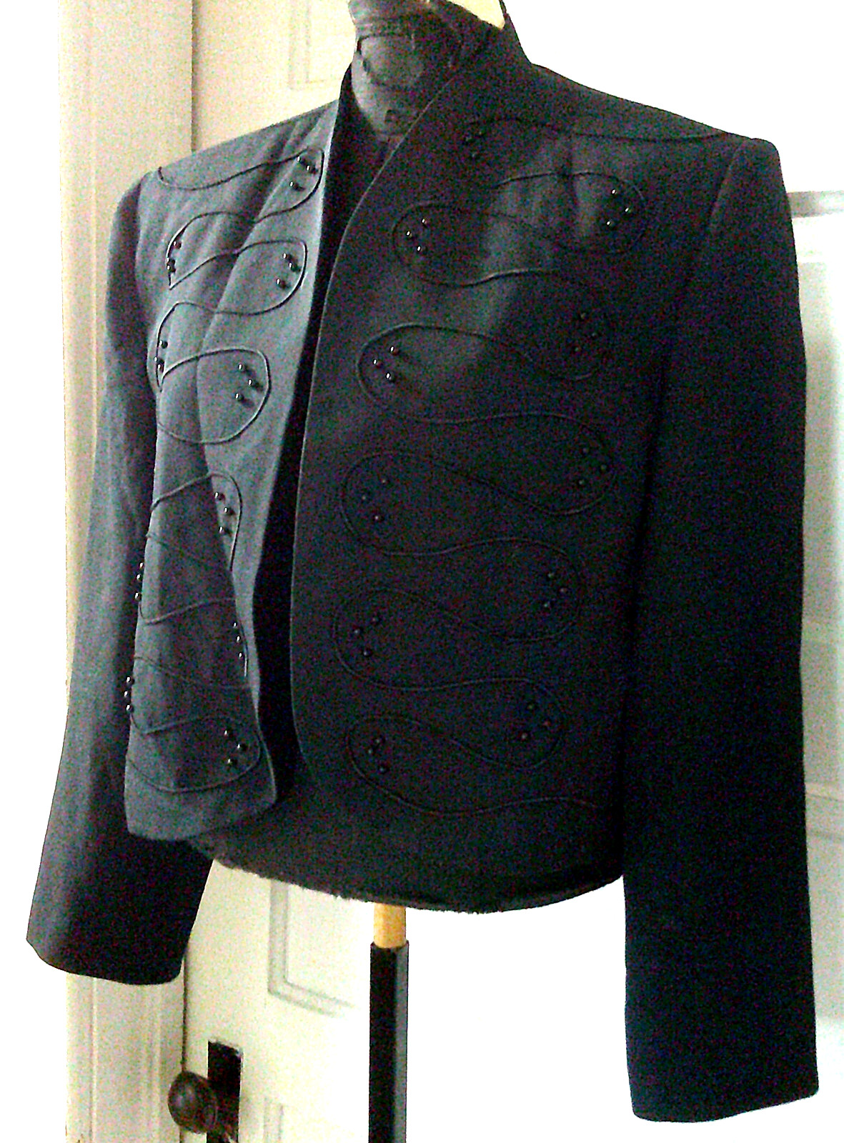 80&rsquo;s HENRY LEE PETITES Black Abstract Beaded Open Front Suit Jacket Blazer 12P