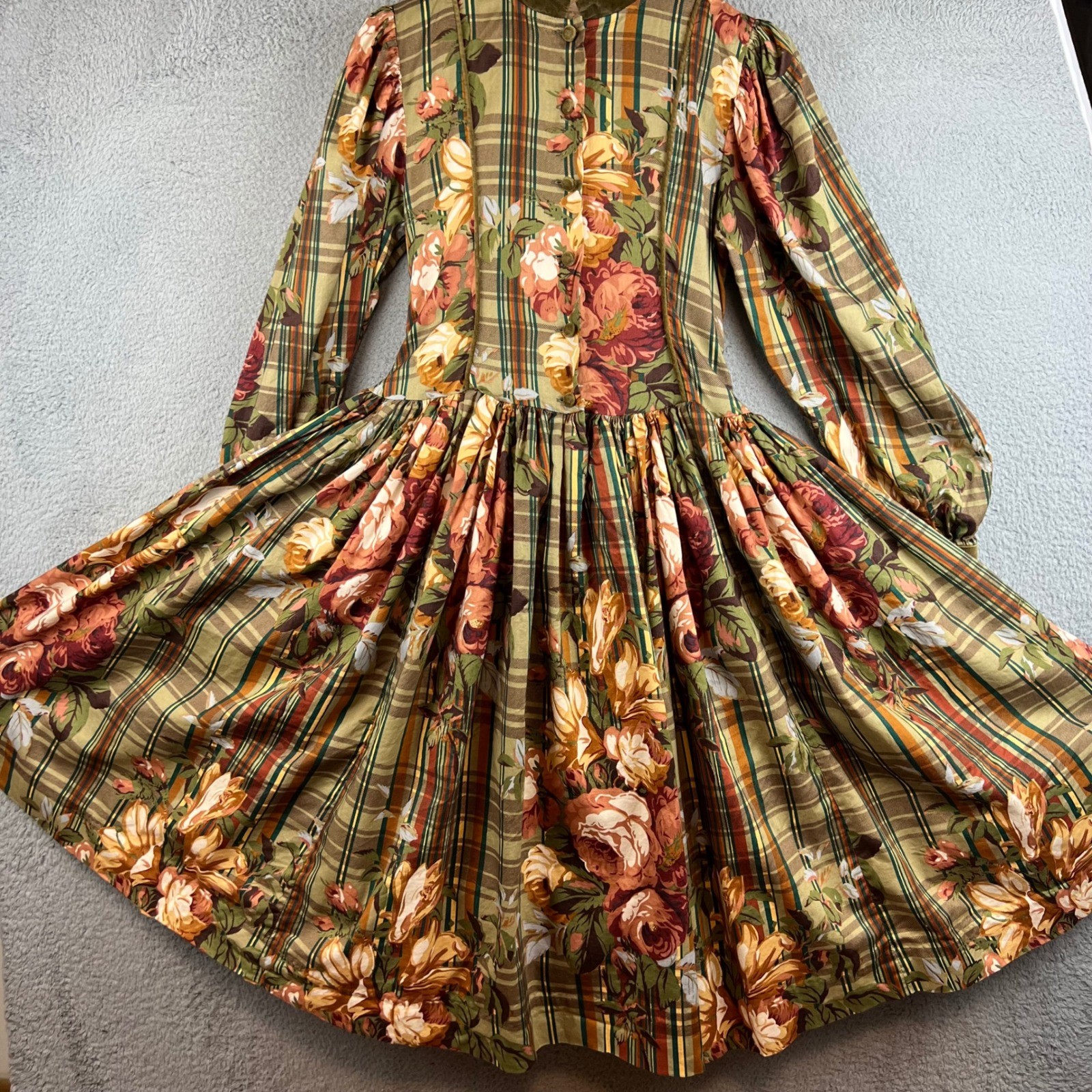 VTG Françoise Bouthillier Floral Plaid Dress Green Velvet Trim Midi Victorian