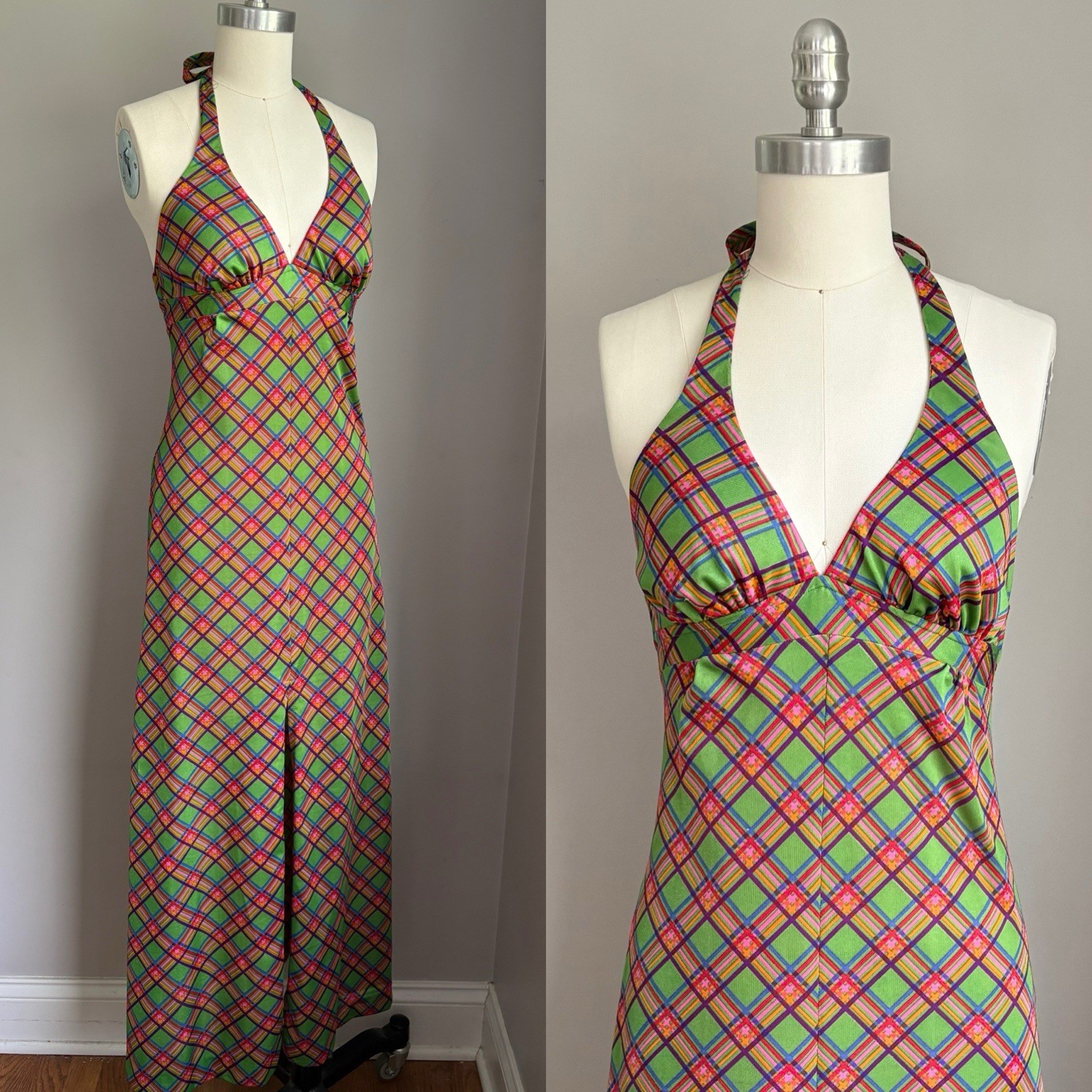 Vintage 1970’s Mod Halter style Argyle Plaid Print Maxi Dress Size XS