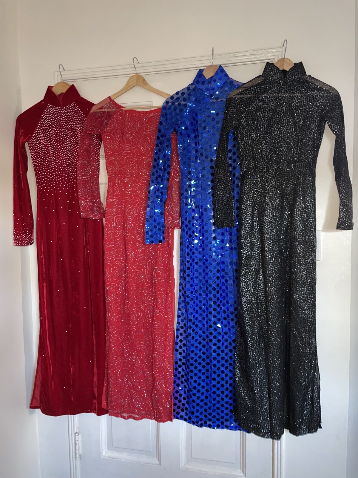 Lot of 4 Vintage Ao Dai Vietnamese Dresses Sheer Sequins Black Red Size Small XS