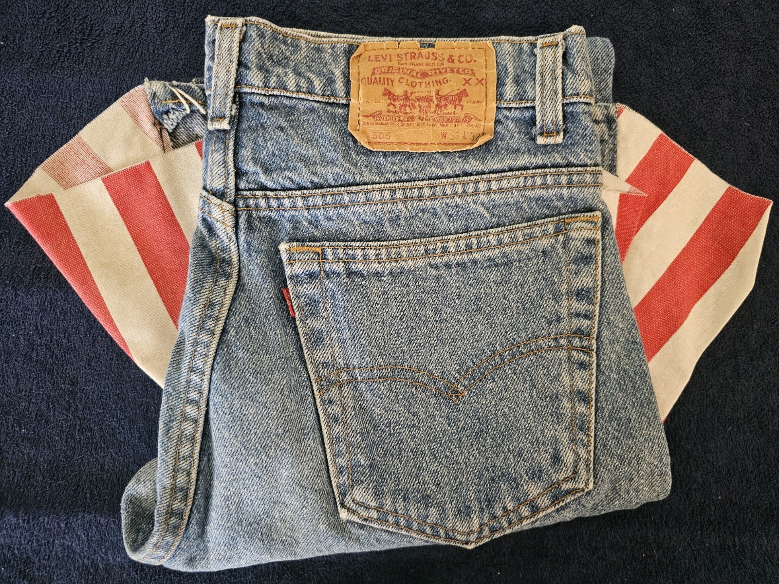 VTG Levi&rsquo;s 505 Blue Jeans Hippy Flair Stripes Bell Bottoms 33×32 Made In USA