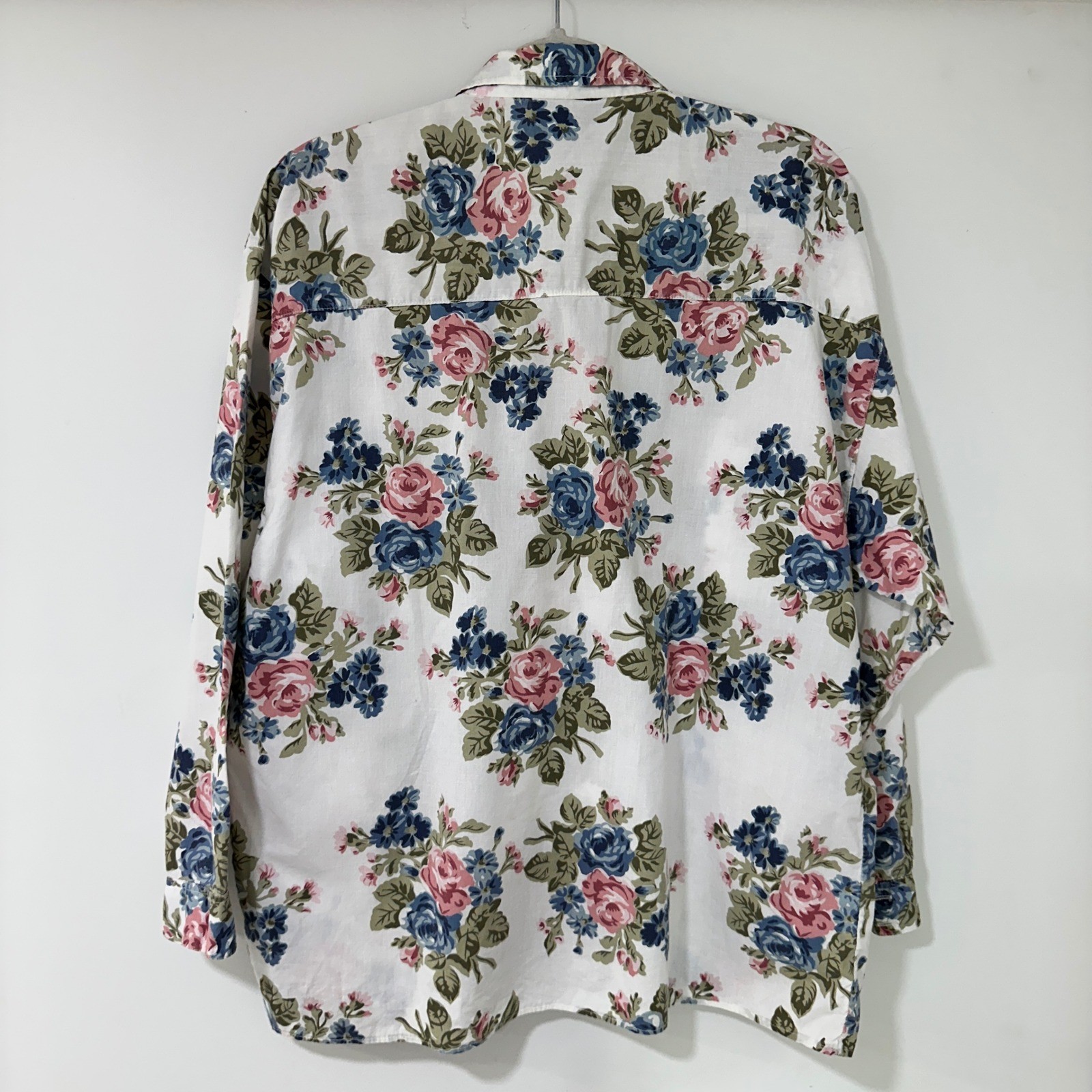 Bonjour Floral Button Down Shirt Womens Large White Pink Blue Cotton Cottagecore