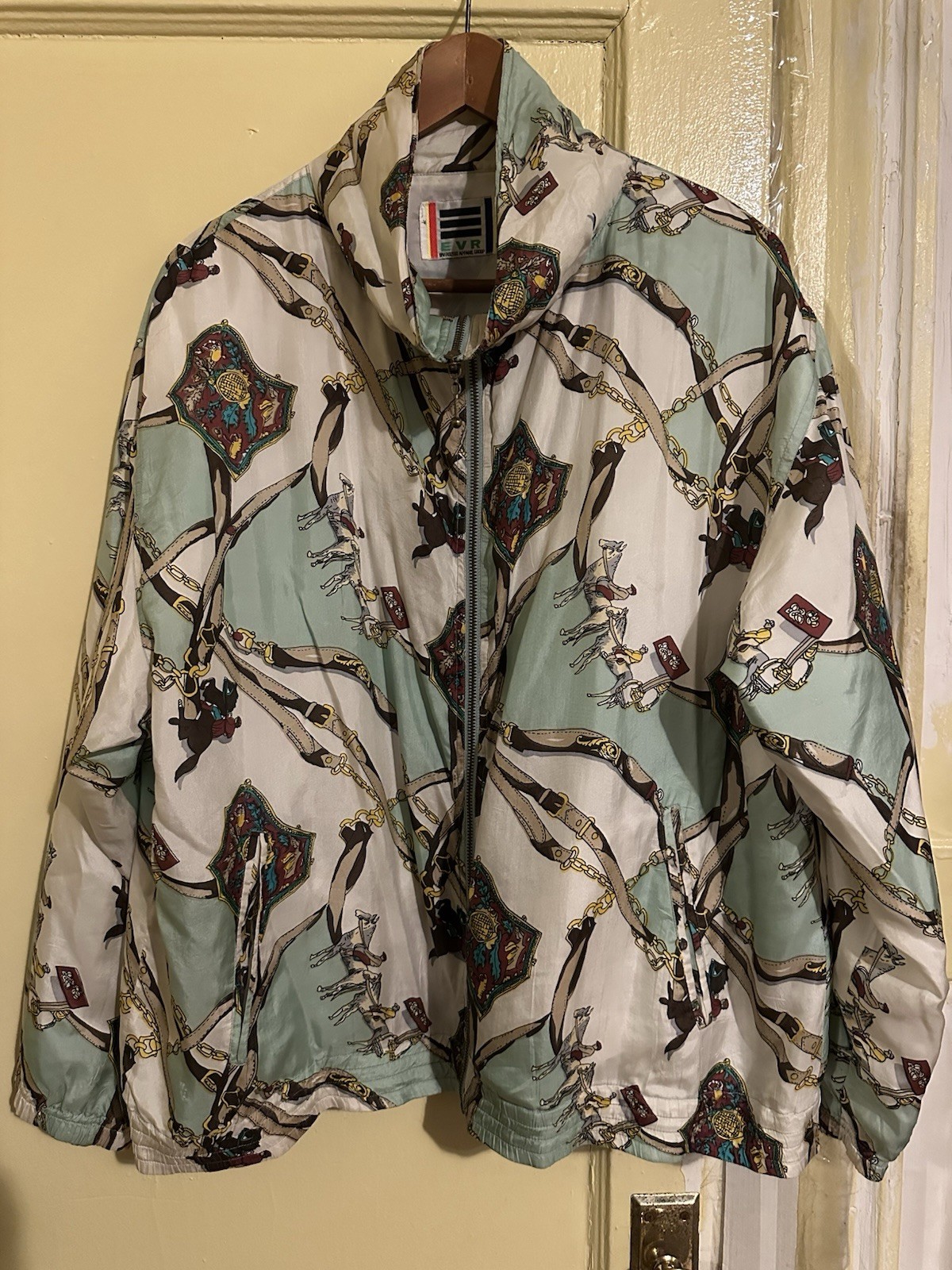90s Vintage EVR 100% Silk Scarf Print Jacket XL Mint Chain Horse Print Unisex