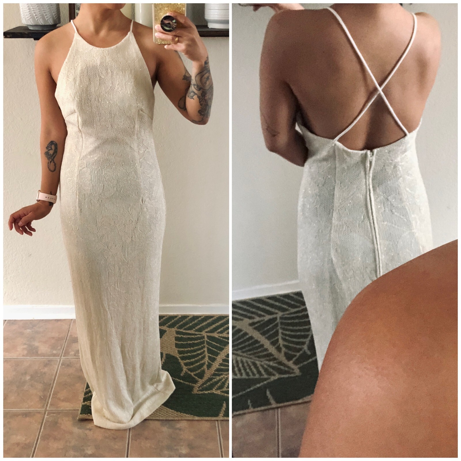 Vintage 90s Onyx Nite Ivory Gold Cross Back Strappy Crochet Dress Gown 8