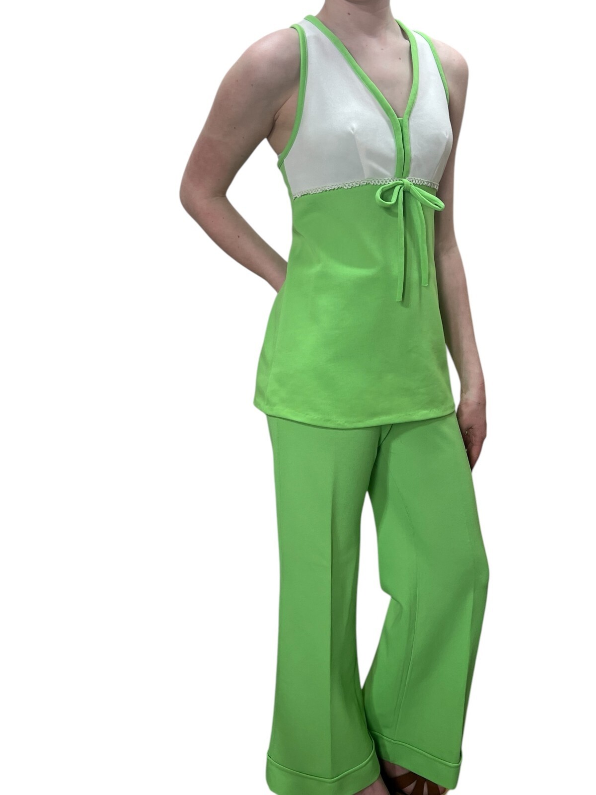 Vtg 60s S 2 Pc SET Empire Top Pants Hi Waist Bell Bottoms Flares Outfit Poly