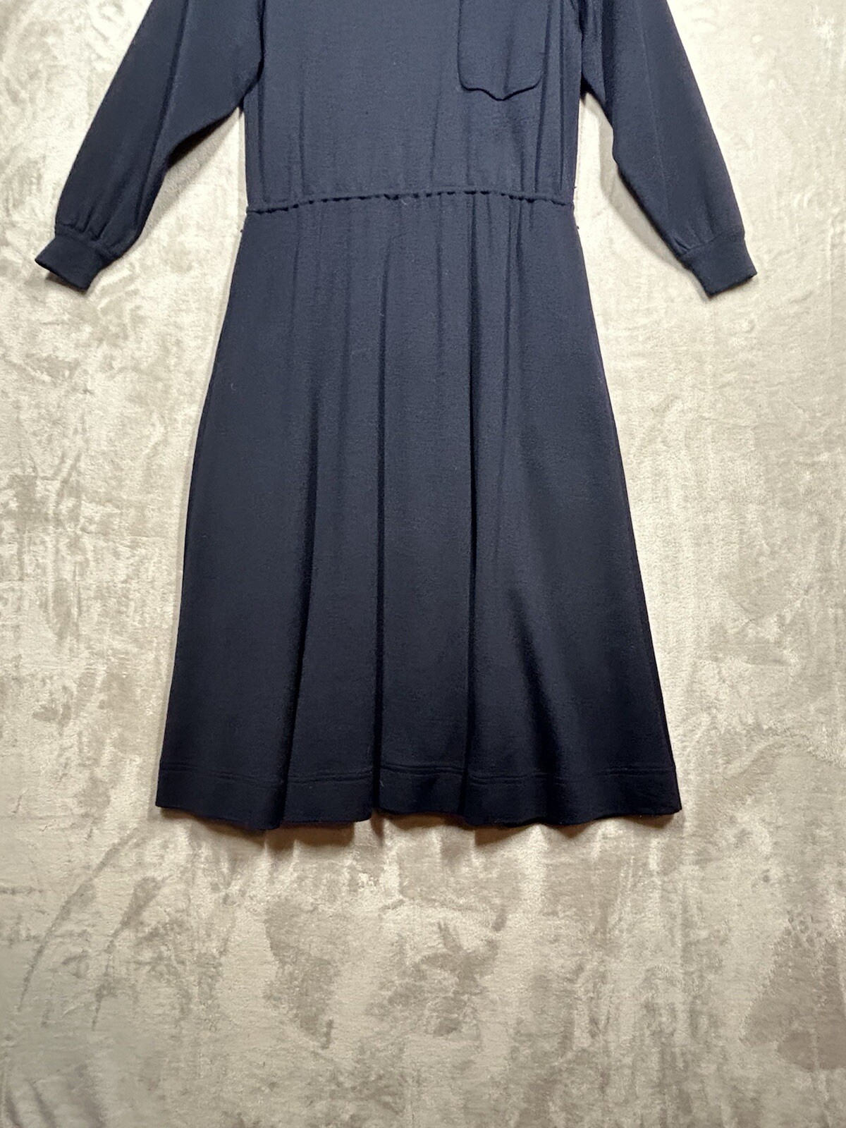 Vintage Schrader Knit Dress Womens 10 Navy Wool Stretch A-Line Midi 1980s City