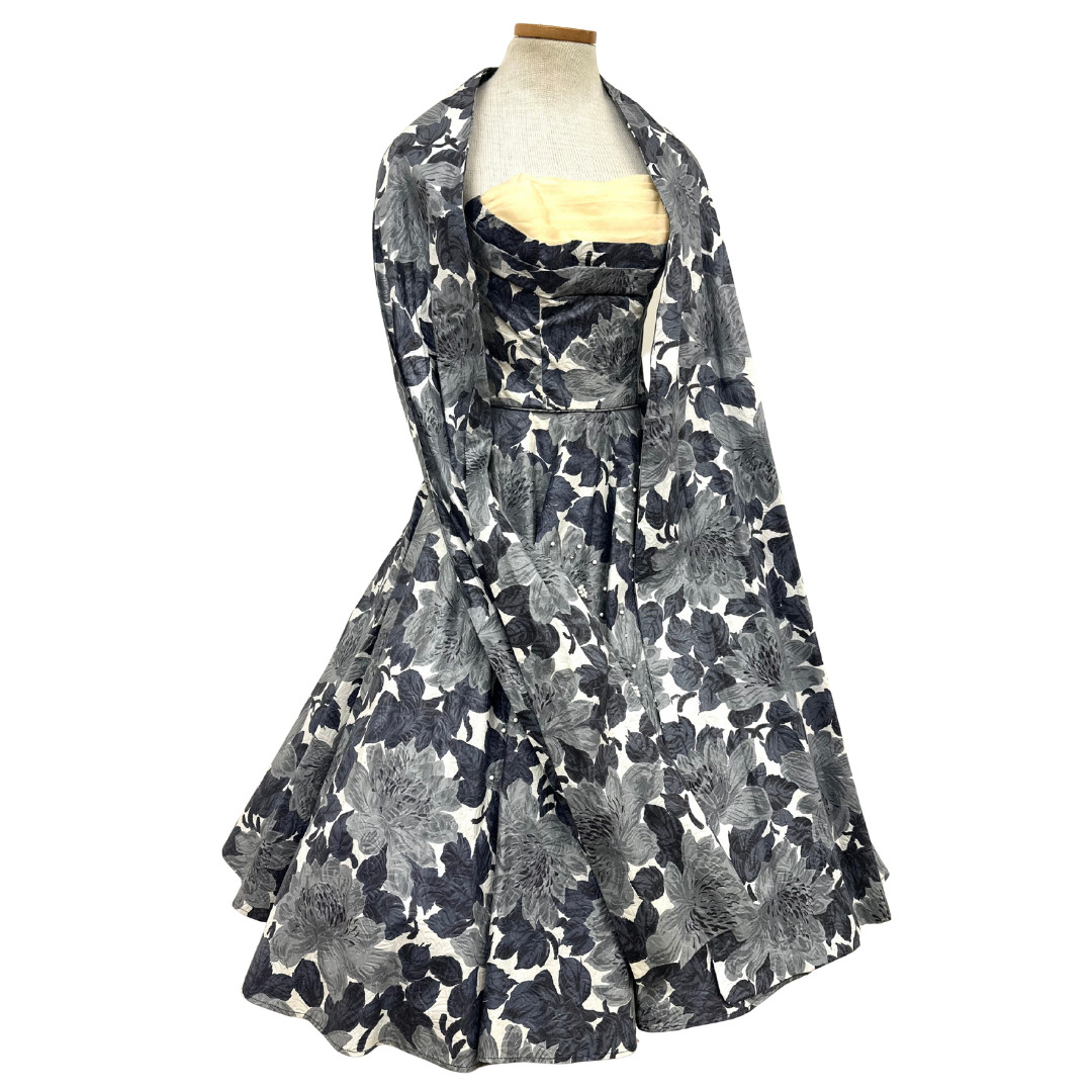 Vintage 1950s Fred Perlberg Grey Floral Beaded Rhinestoned Dress & Shawl