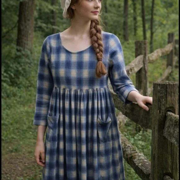 Vtg Blue Plaid Flannel Scoop Neck Long Dress sz Large Pockets Modest Cottagecore