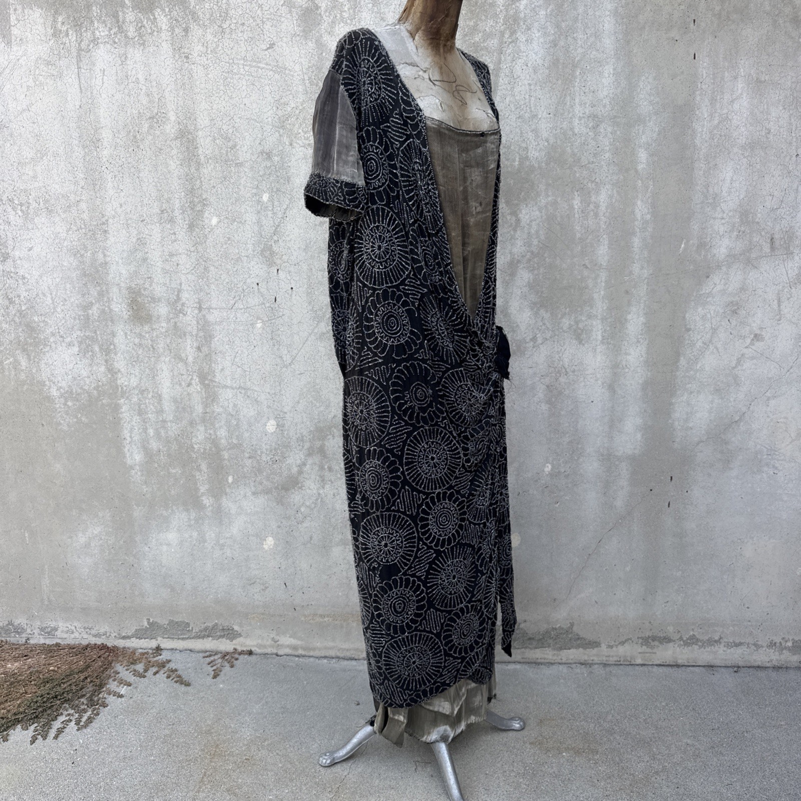 Antique 1920s Completely Beaded Flower Gown Silver Lamé Full Length Dress VTG