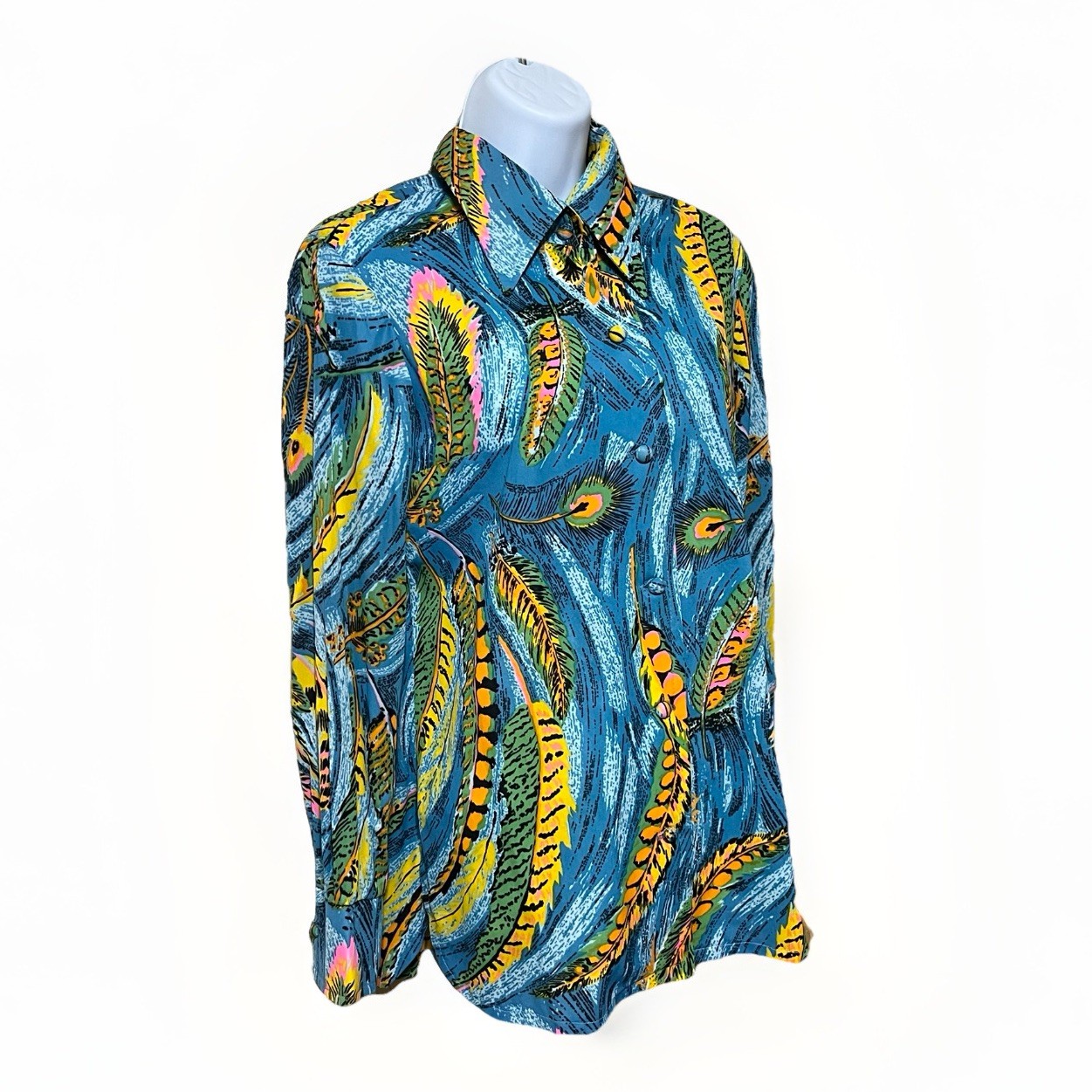 Vtg 1970&rsquo;s Blue Peacock Feather Print Button Up Blouse Size 10 Retro Disco Mod