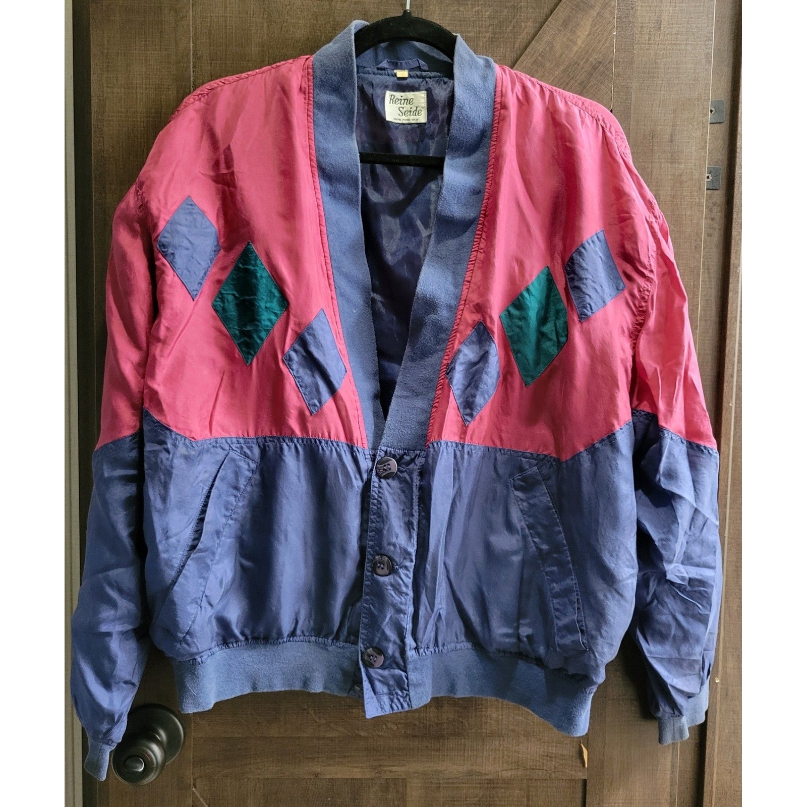 Vintage Reine Seide Pure Silk Bomber Jacket Pink Blue Argyle Colorblock Small