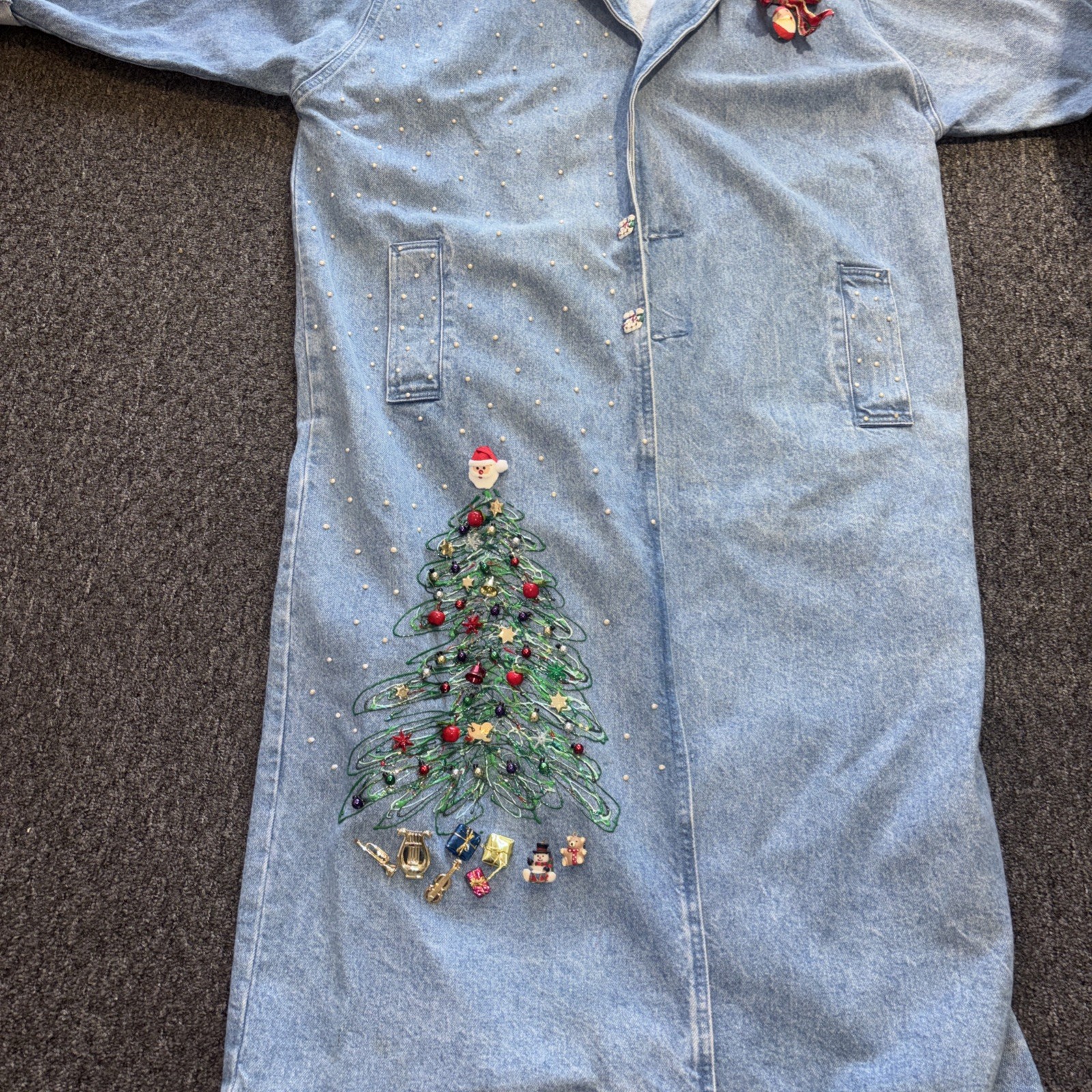 Vtg Christmas Duster by Treasures Denim Jacket Embroidered Tree Coat M/L 90s