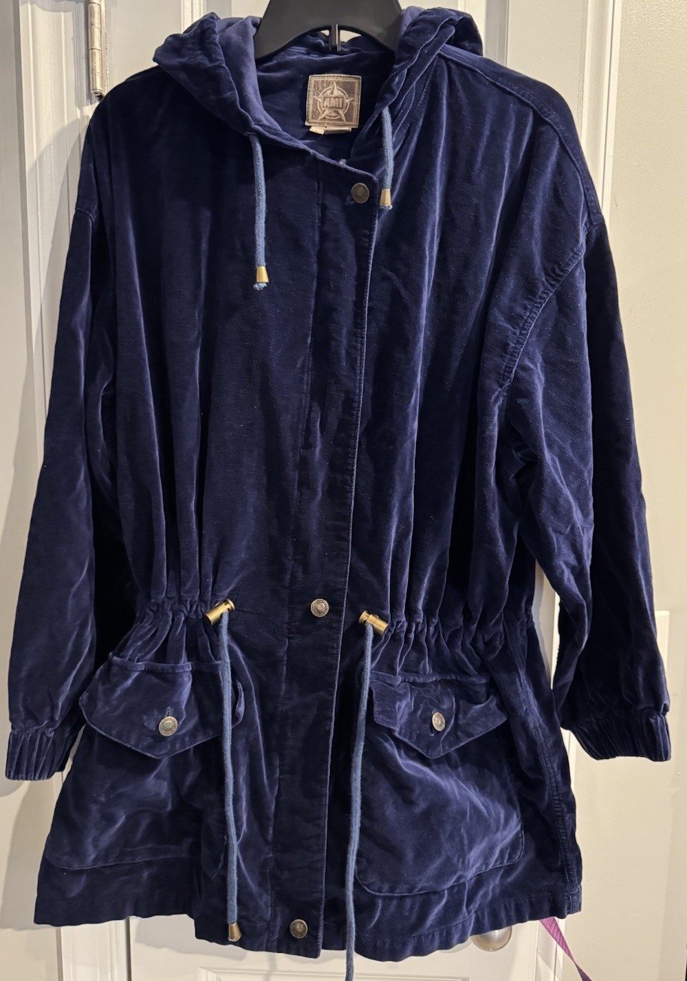 AMI Navy Blue Velveteen Hooded Jacket Coat Large Vintage Drawstring Waist