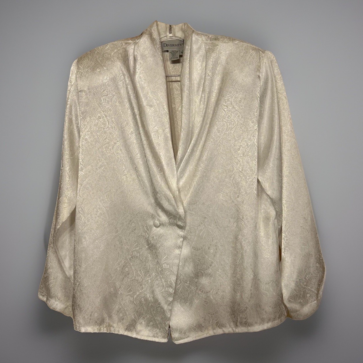 Vintage Satin Jacquard Blouse Womens 10 Ivory Champagne Drape Neck Evening