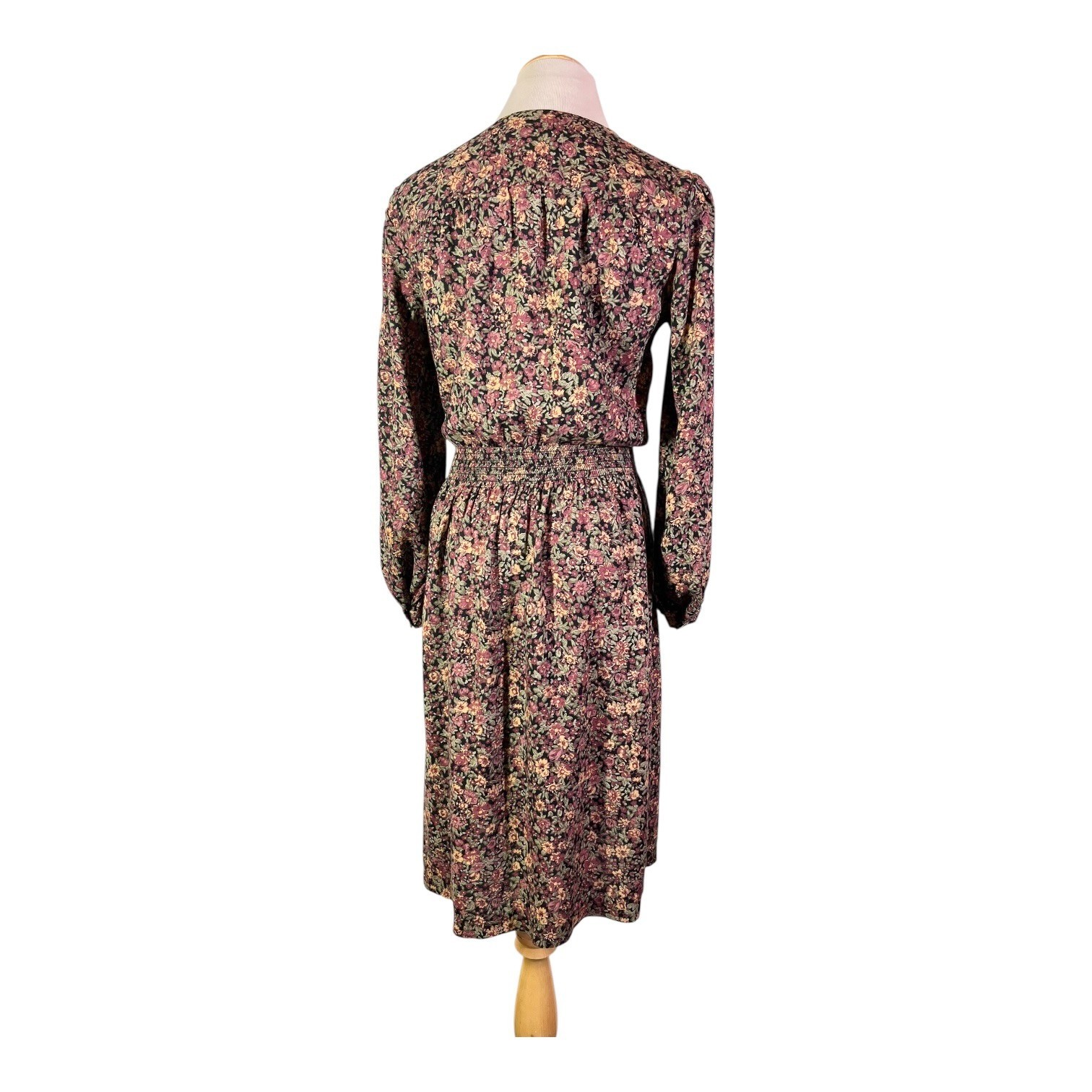 Vintage 80s Taurus II Size 8 Dark Floral Dress Smocked Waist Union Made