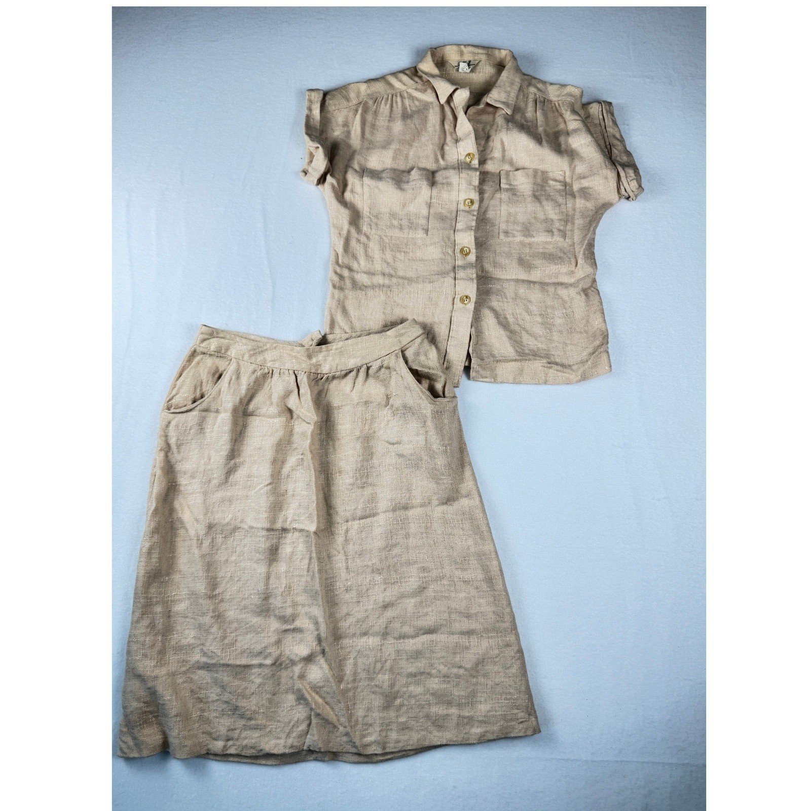 Vintage 70&rsquo;s Linen Blend Neutral Two Piece Skirt Set Tan Short Sleeve Top Midi