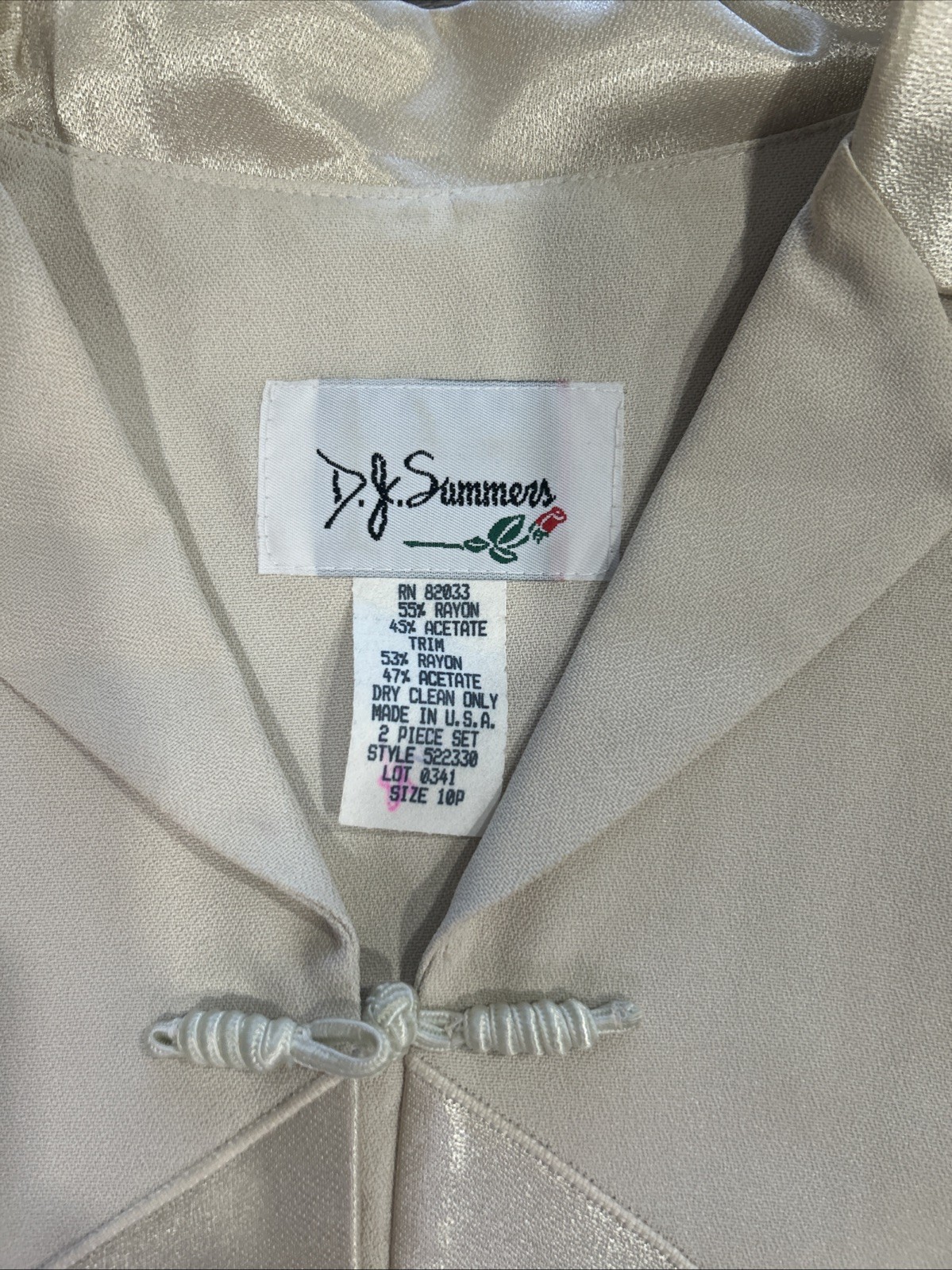 Vintage D.J. Summers Cream Satin Jacket 10P Frog Closure Made in USA 90s
