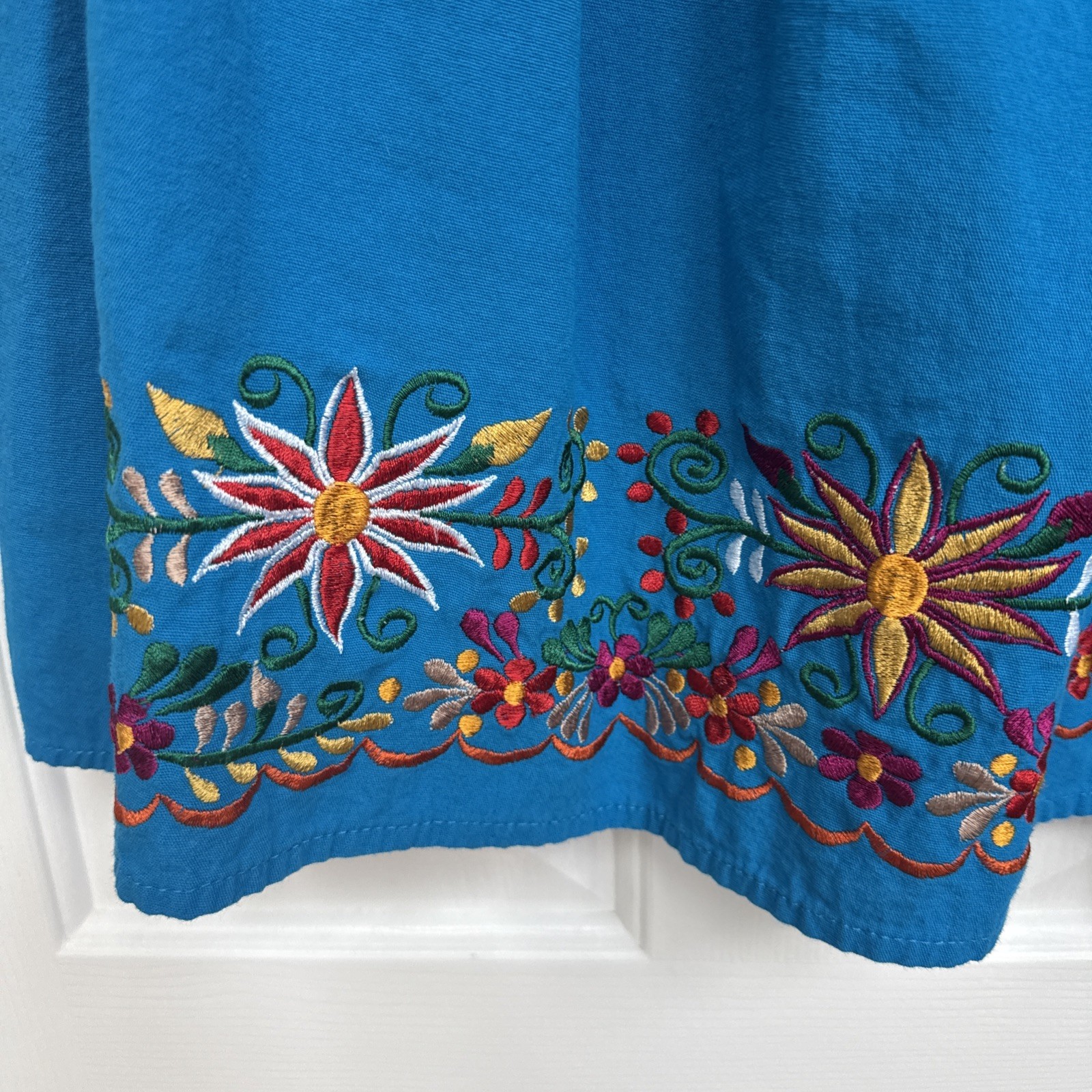 Mexican Folk M/L Embroidered Hand Crafted Ocean Floral Boho Artisan Hippie Dress
