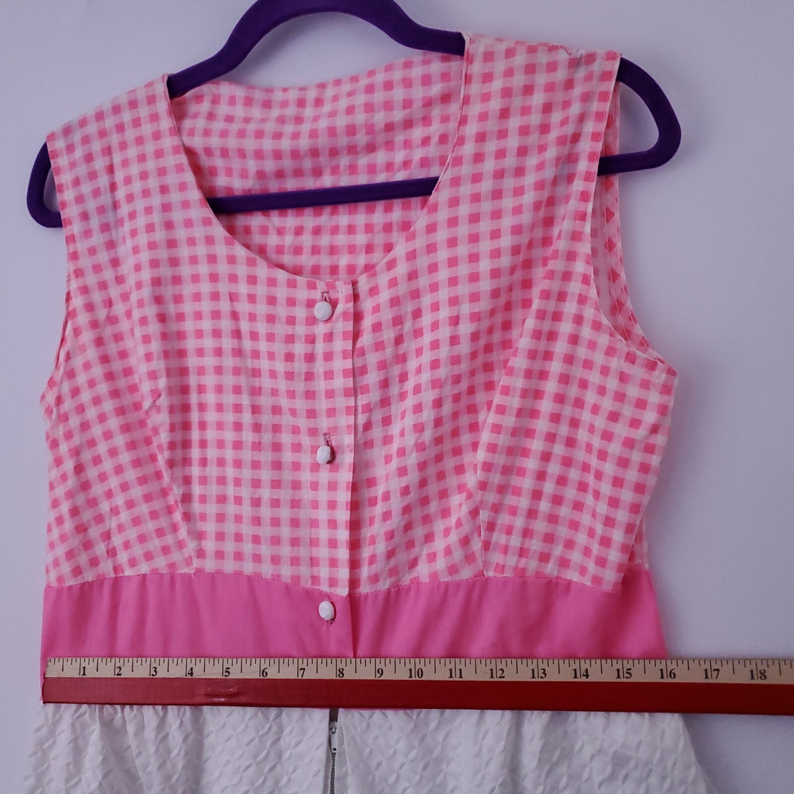 Vtg BarbieCore Pink White Gingham Cottage 60&rsquo;s Mini Tank Dress Embroidered S/M